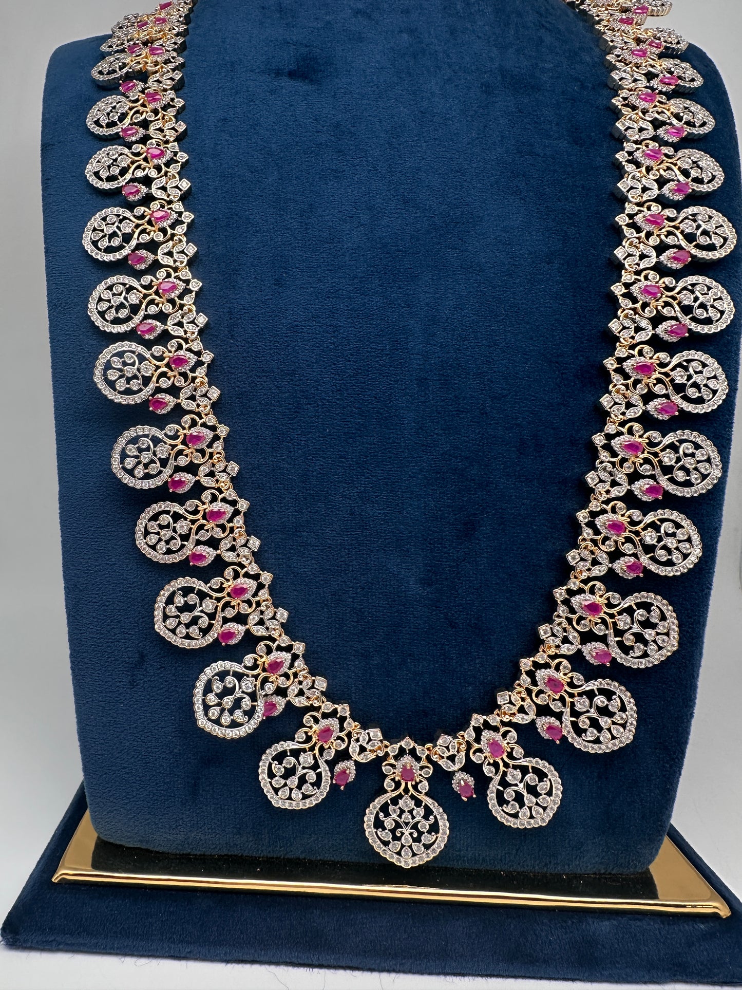 AD Bottu Color Stone Long  Necklace - Red