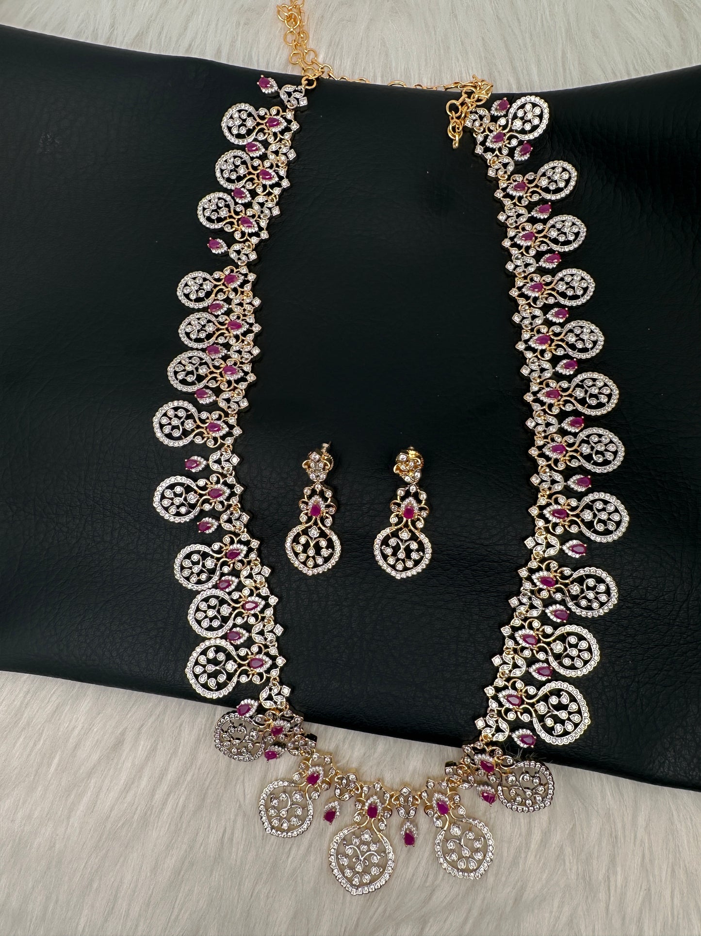 AD Bottu Color Stone Long  Necklace - Red