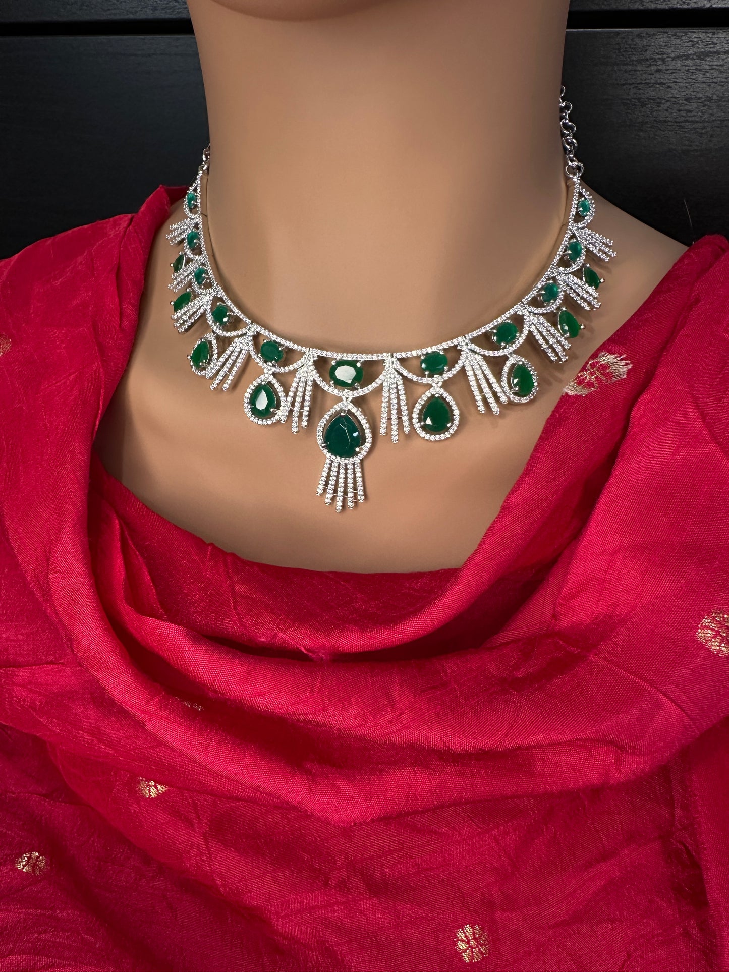 AD Emerald Green Silver Short Necklace - 