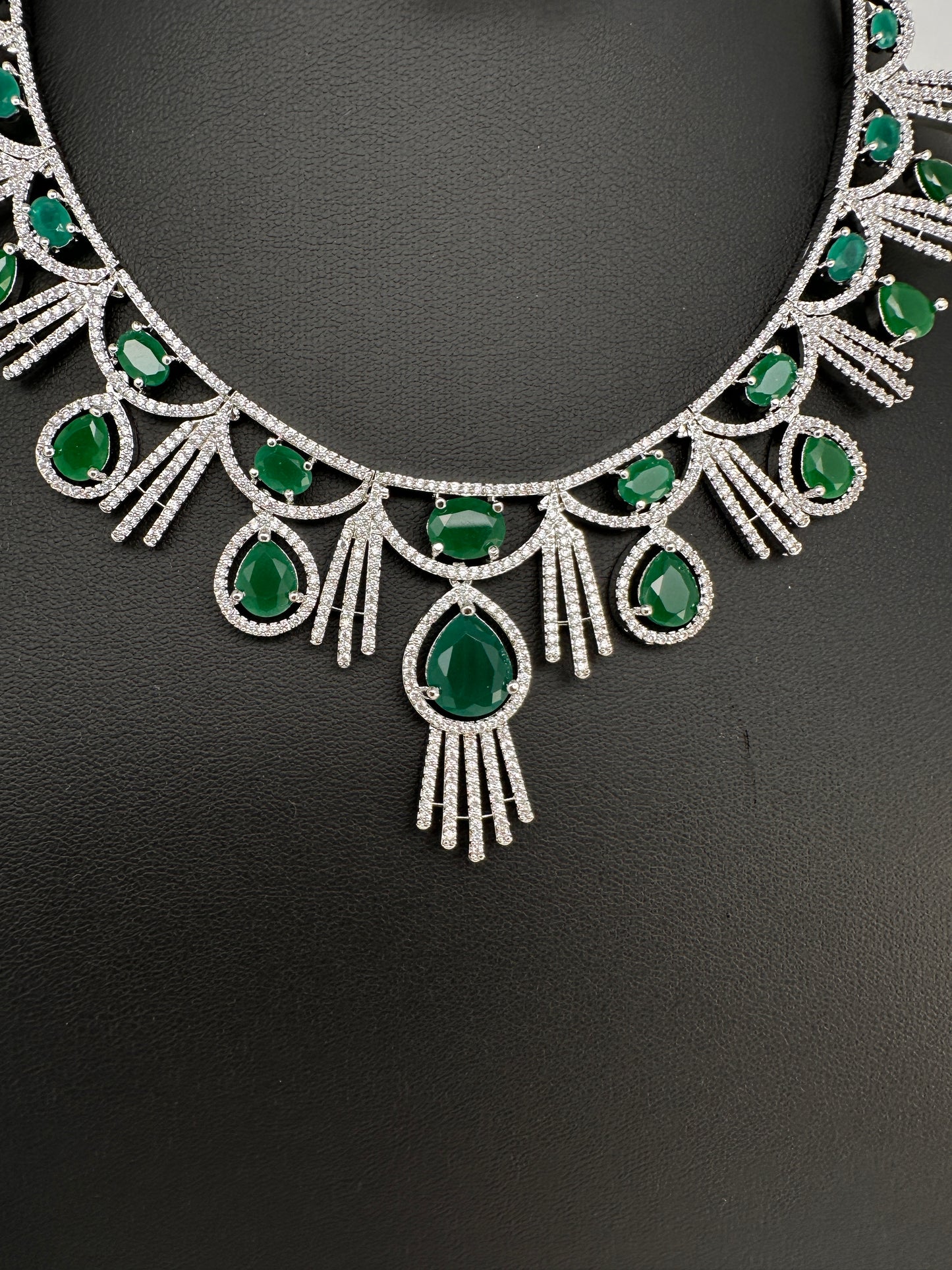 AD Emerald Green Silver Short Necklace - 