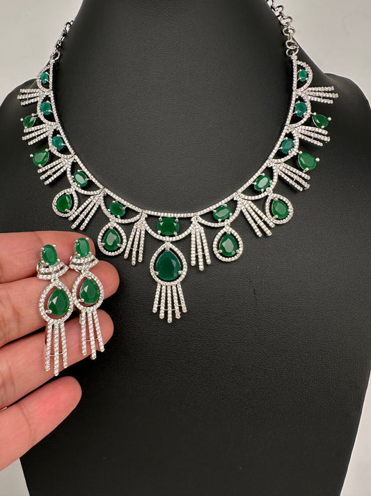 AD Emerald Green Silver Short Necklace - 