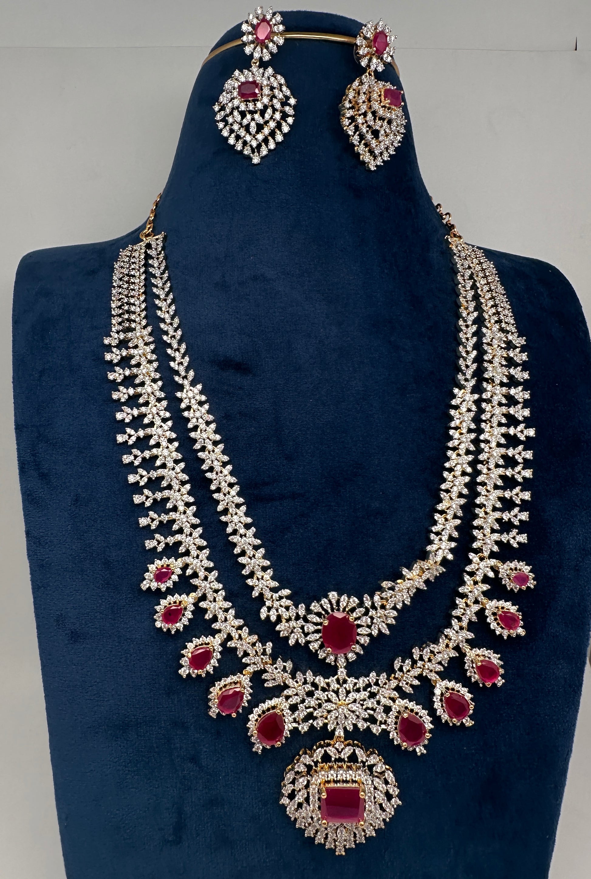 AD  Double Layer Color Stone Short  Necklace - Red