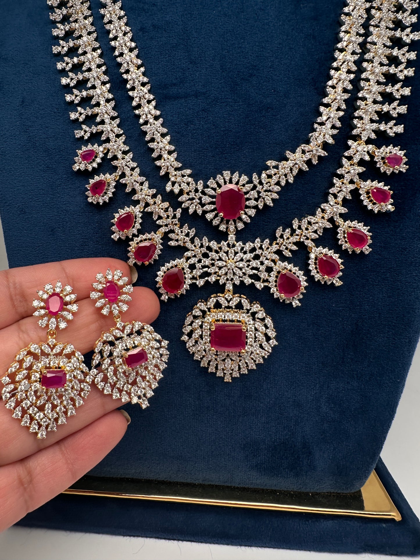 AD  Double Layer Color Stone Short  Necklace - Red