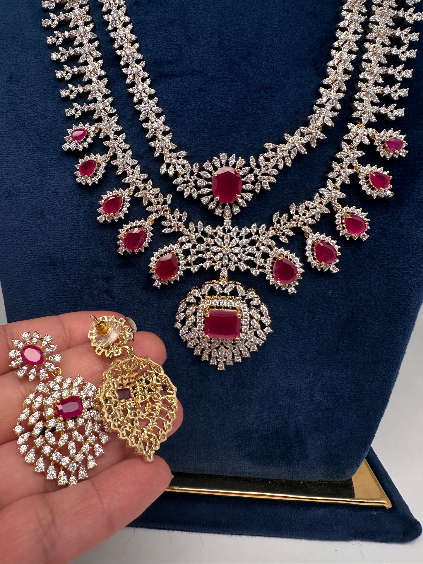 AD  Double Layer Color Stone Short  Necklace - Red