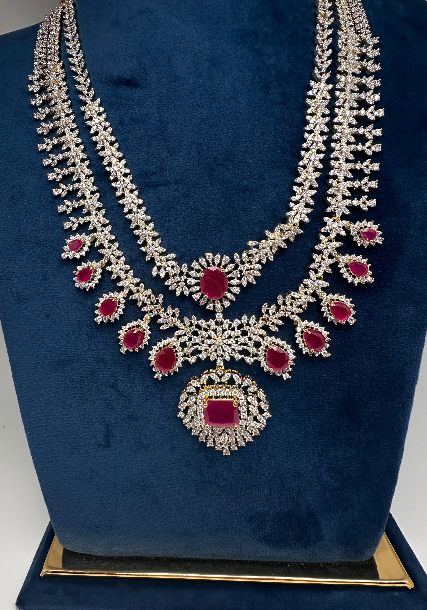 AD  Double Layer Color Stone Short  Necklace - Red