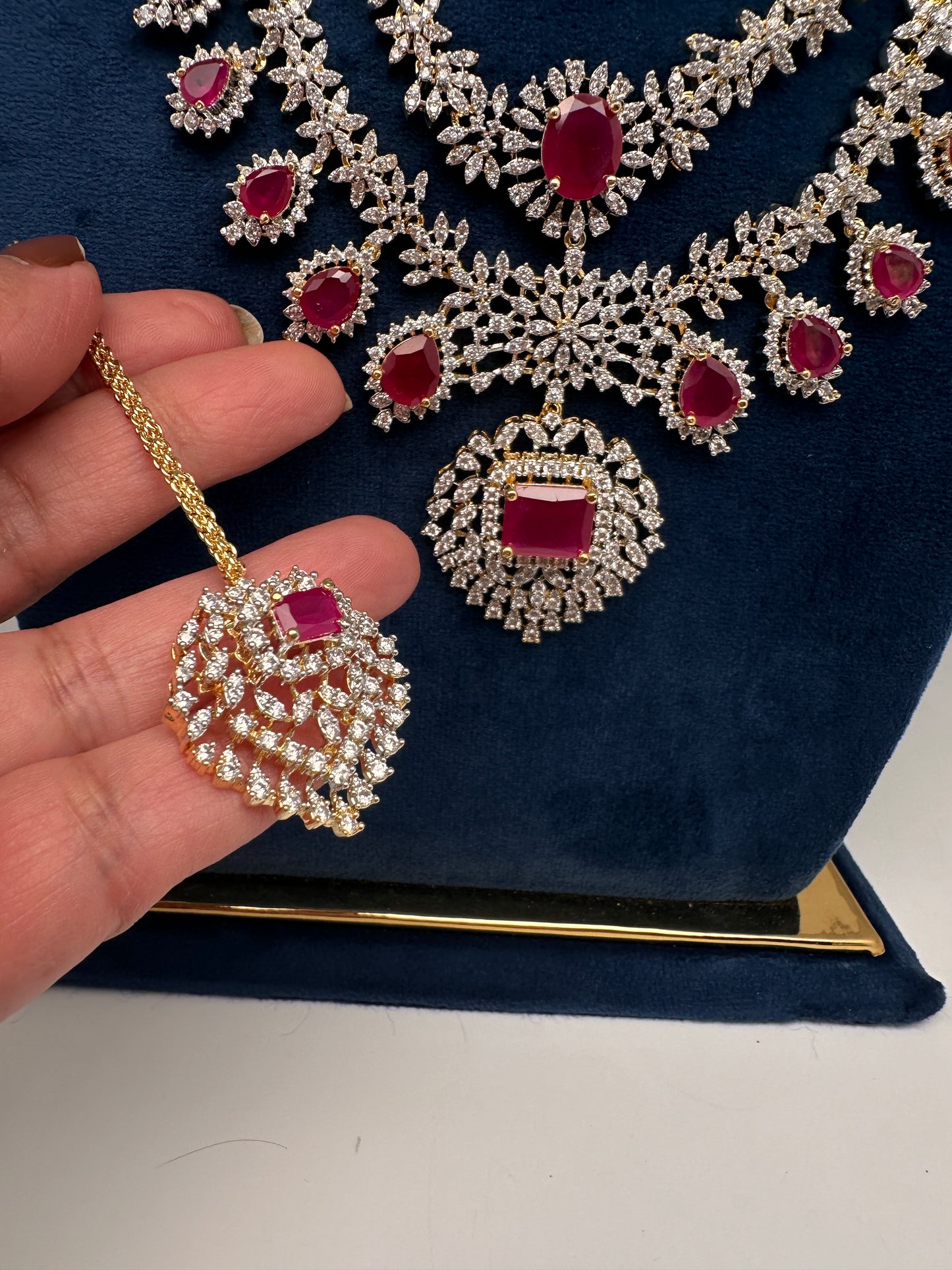 AD  Double Layer Color Stone Short  Necklace - Red
