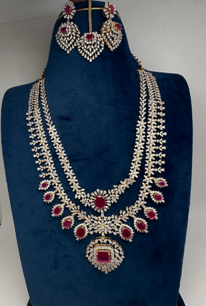 AD  Double Layer Color Stone Short  Necklace - Red