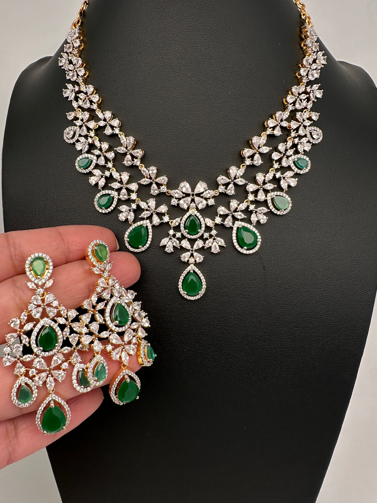 Diamond Finish Emerald Double Layer Short Necklace Set with Earrings - AD000799