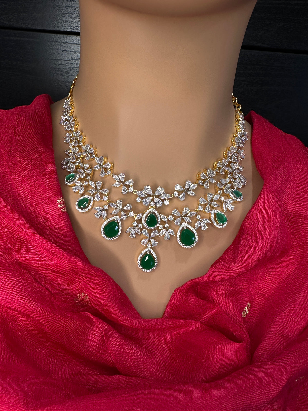 Diamond Finish Emerald Double Layer Short Necklace Set with Earrings - AD000799