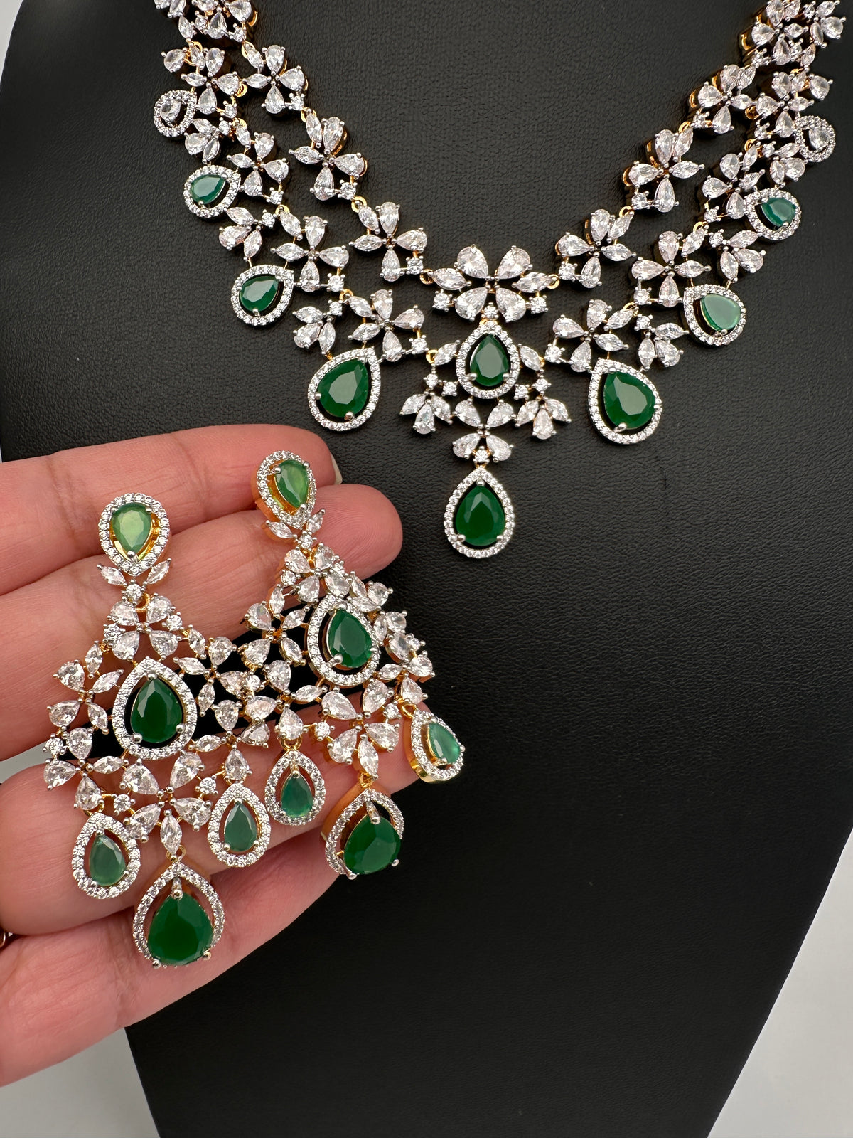 Diamond Finish Emerald Double Layer Short Necklace Set with Earrings - AD000799