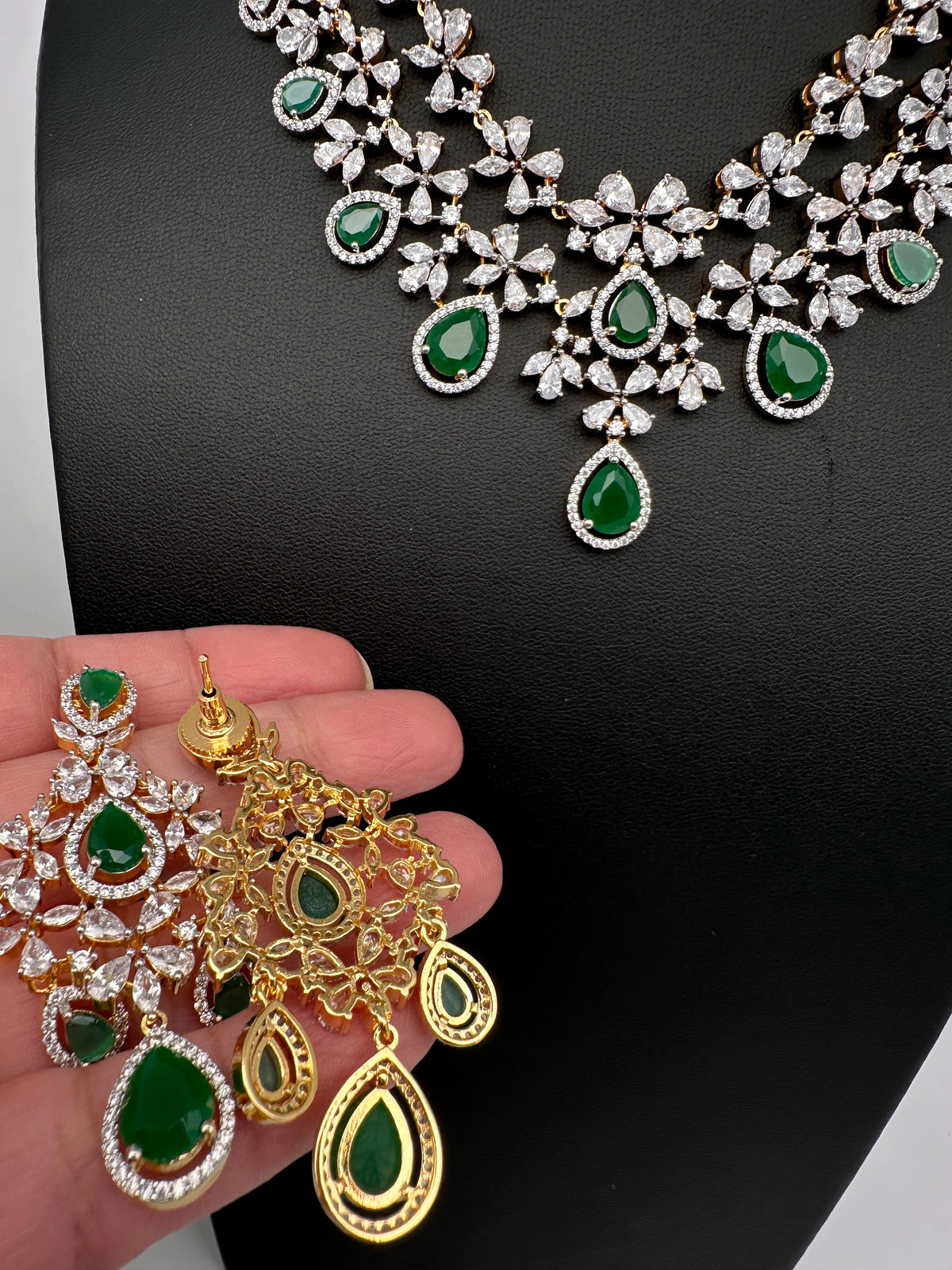 Diamond Finish Emerald Double Layer Short Necklace Set with Earrings - AD000799