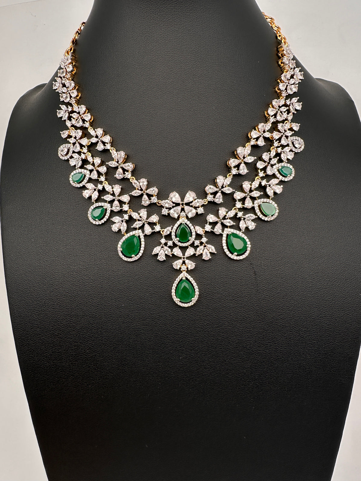 Diamond Finish Emerald Double Layer Short Necklace Set with Earrings - AD000799