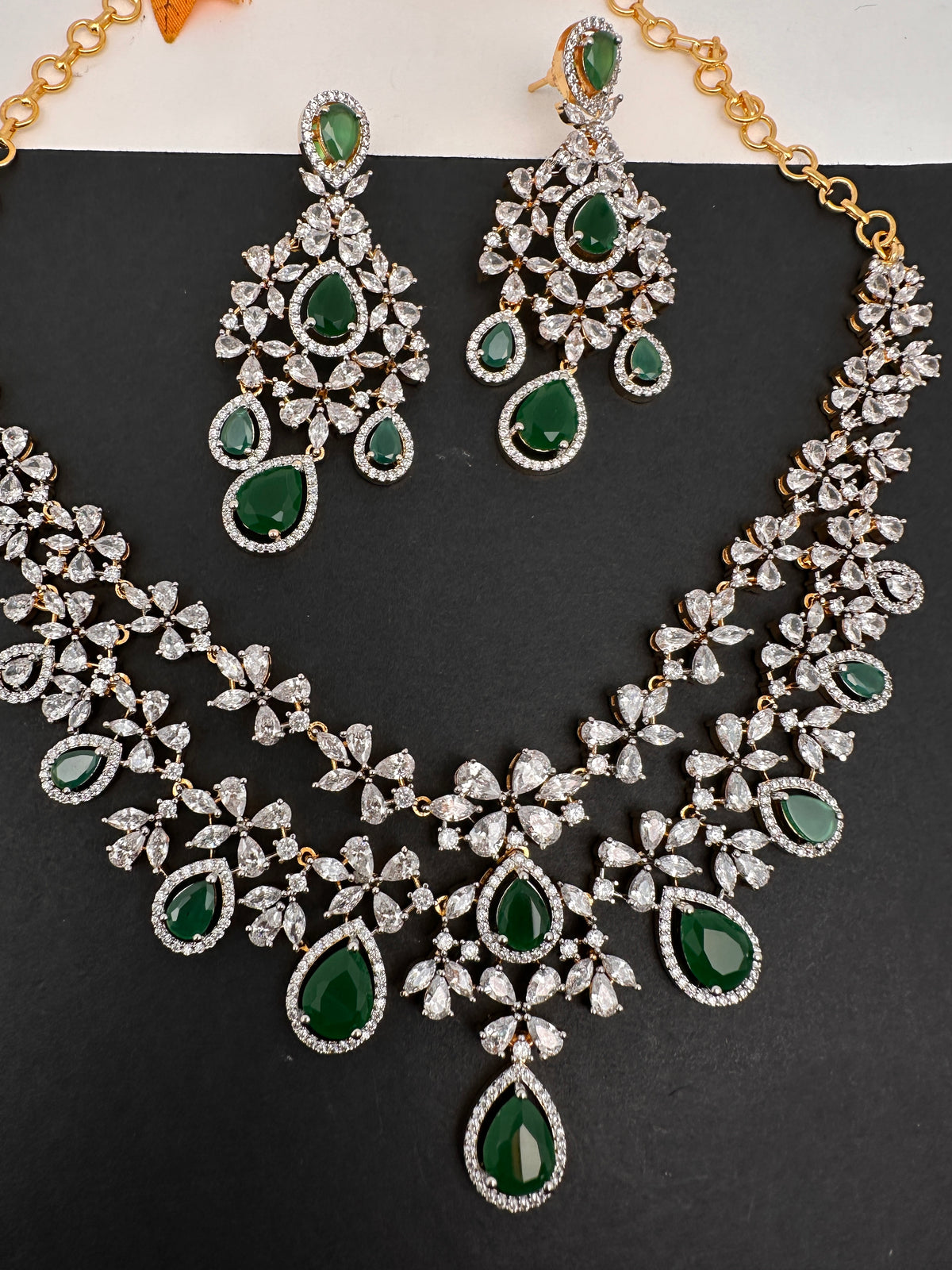 Diamond Finish Emerald Double Layer Short Necklace Set with Earrings - AD000799