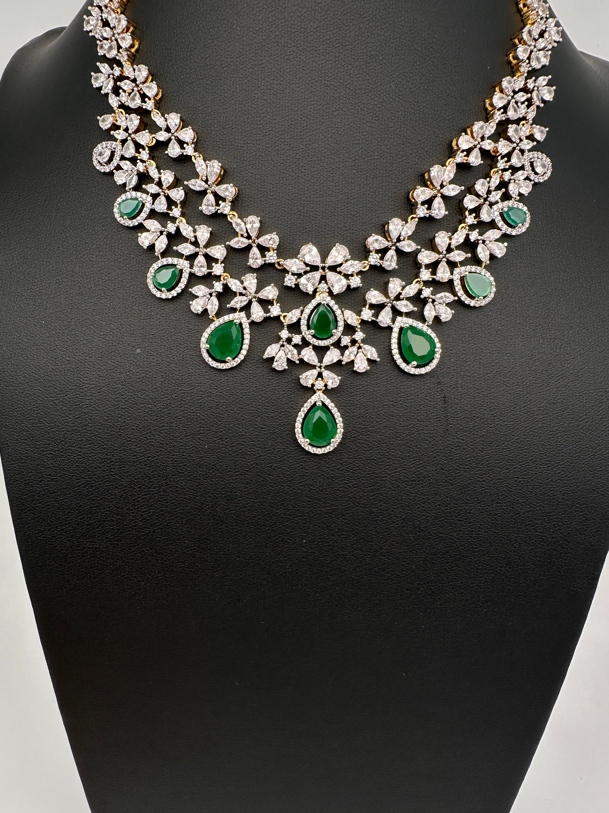 Diamond Finish Emerald Double Layer Short Necklace Set with Earrings - AD000799