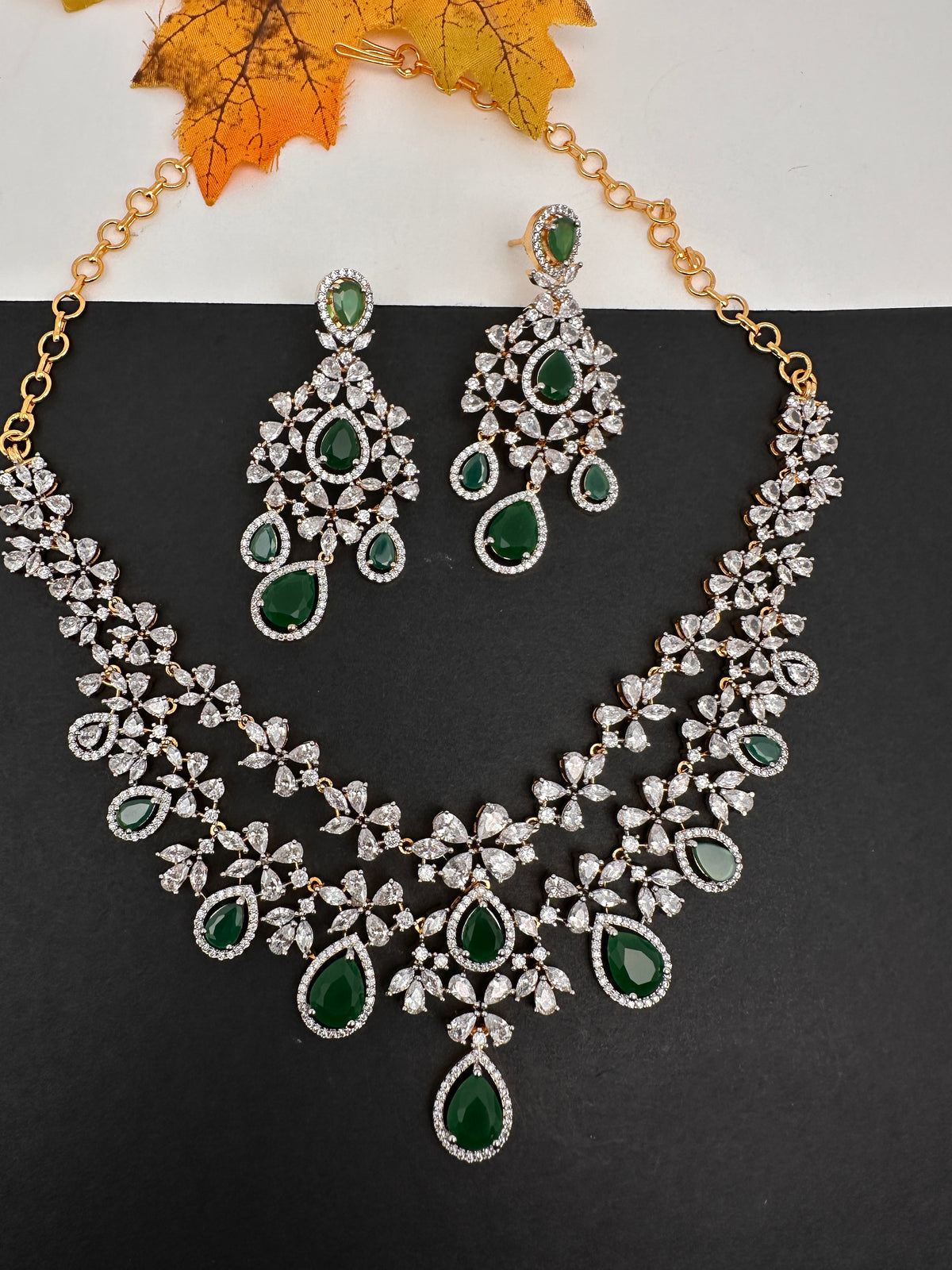 Diamond Finish Emerald Double Layer Short Necklace Set with Earrings - AD000799