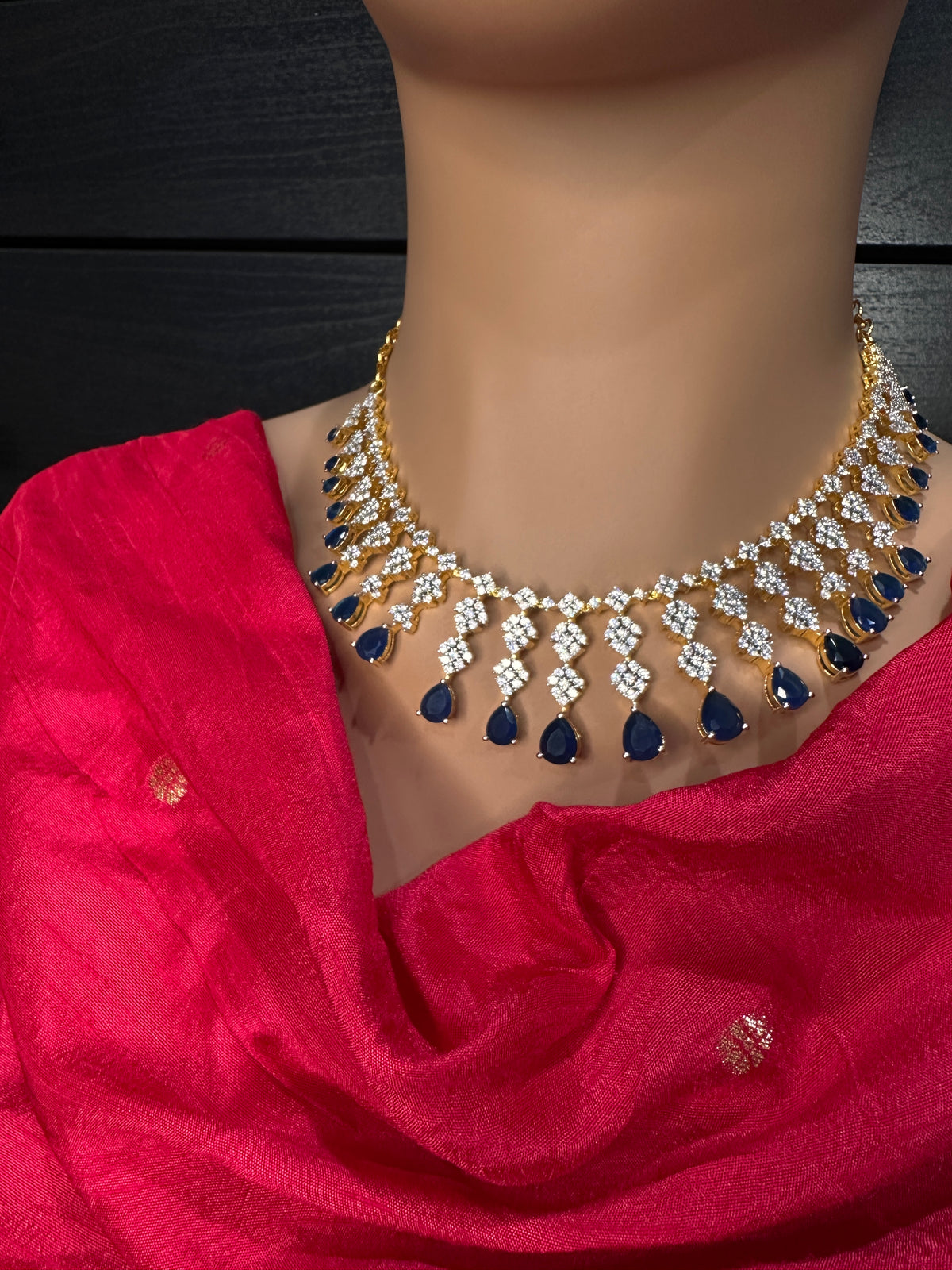 Golden AD color stone short necklace set with matching earrings