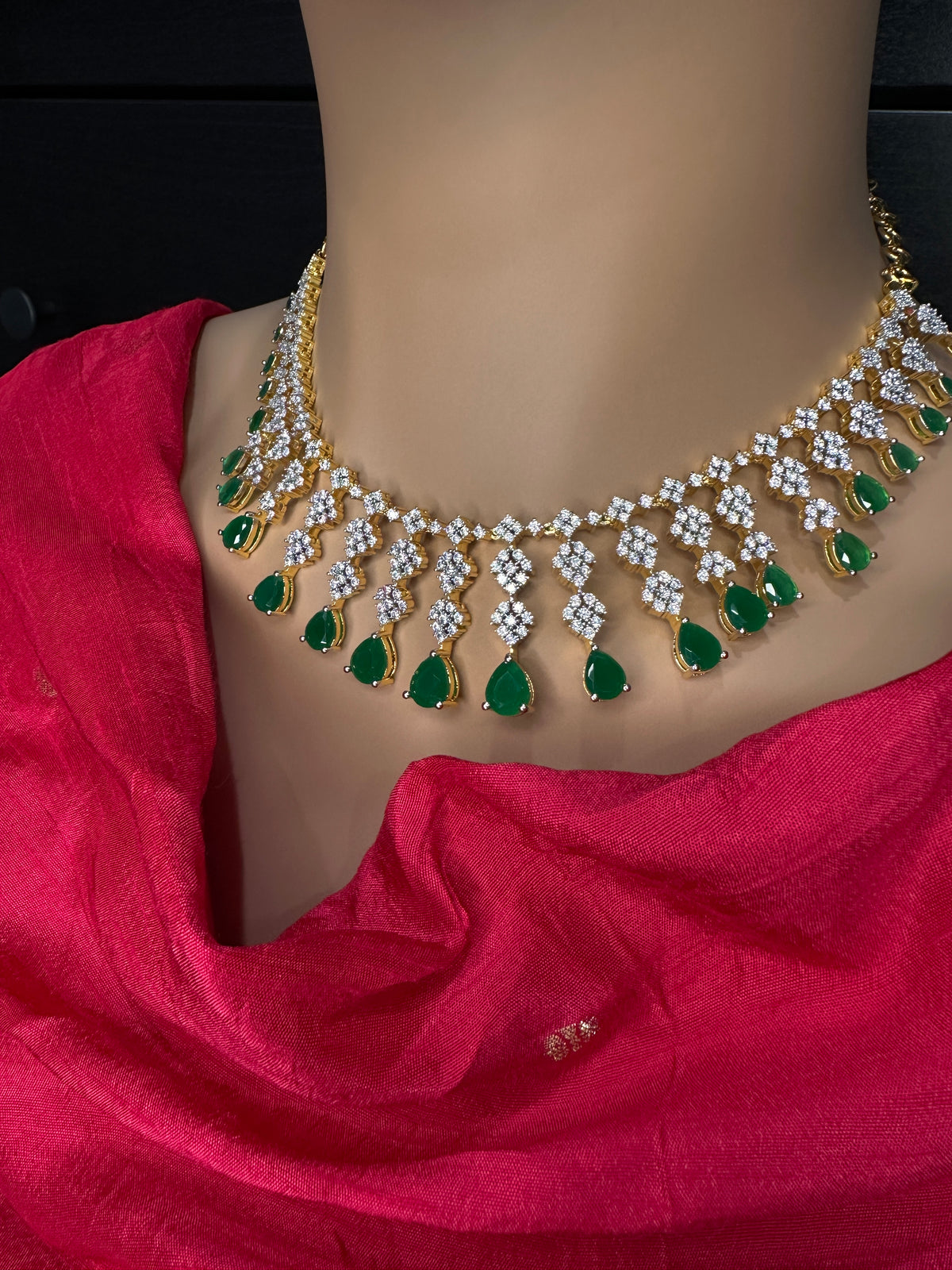 Golden AD color stone short necklace set with matching earrings