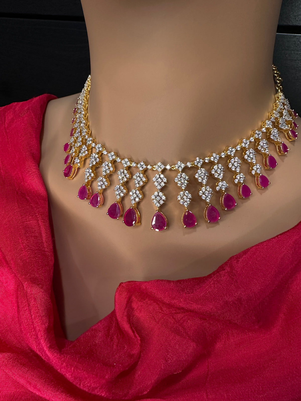 Golden AD color stone short necklace set with matching earrings