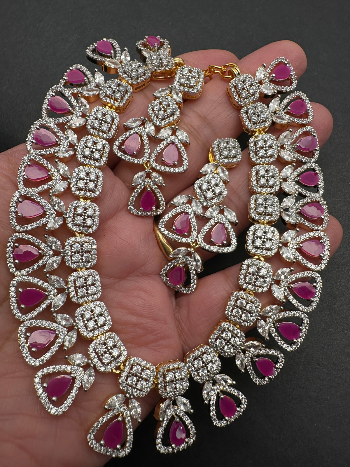AD Color Stones Short Neckline Necklace - Red
