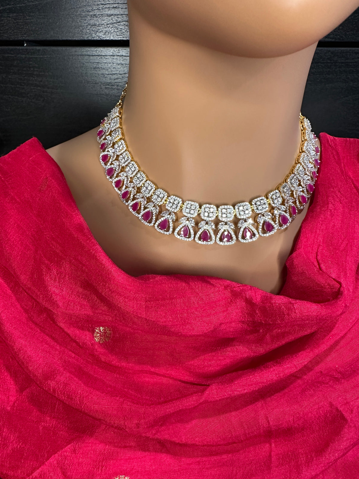 AD Color Stones Short Neckline Necklace - Red