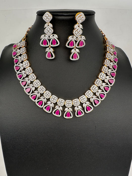 AD Color Stones Short Neckline Necklace - Red