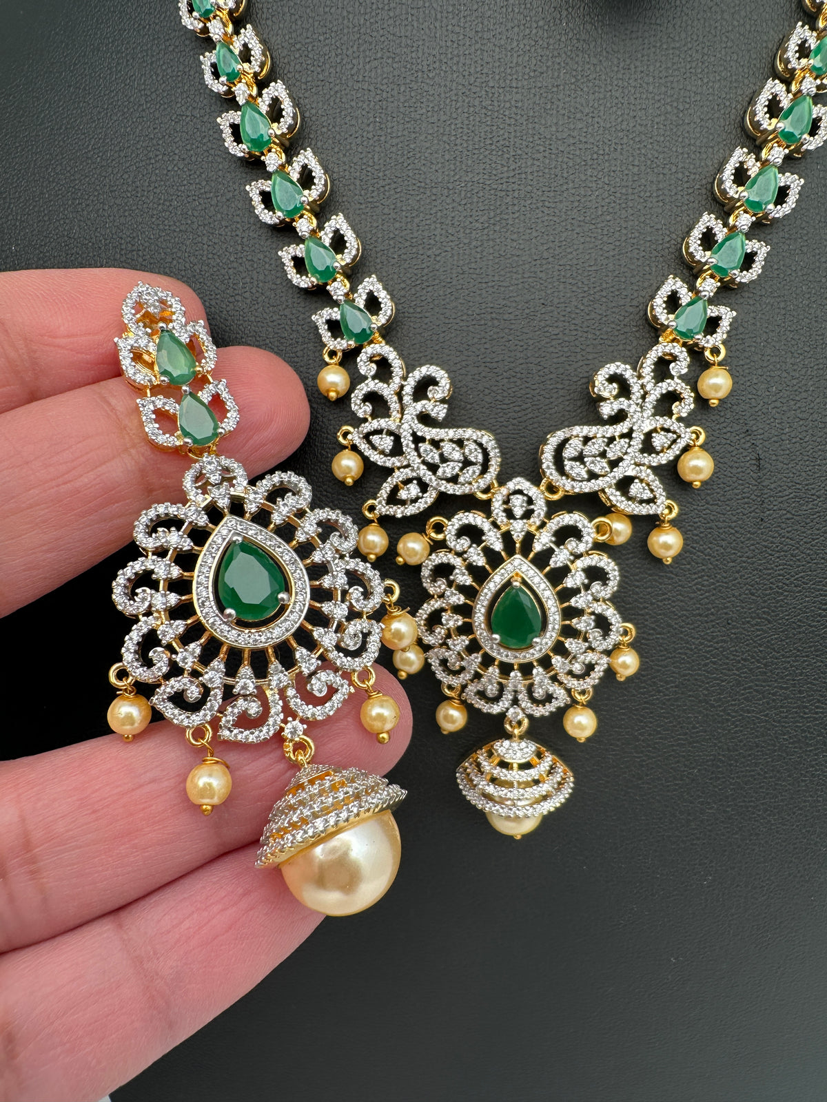 AD Color Stones Short Necklace with Swarovski Pearls - Green