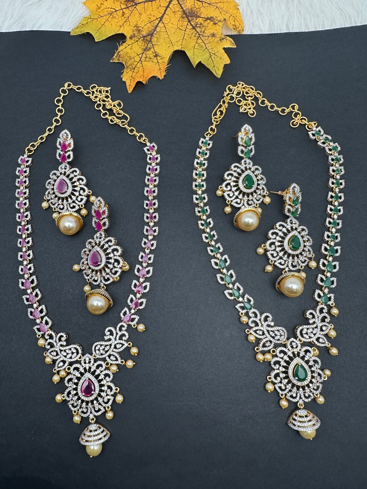 AD Color Stones Short Necklace with Swarovski Pearls - Green