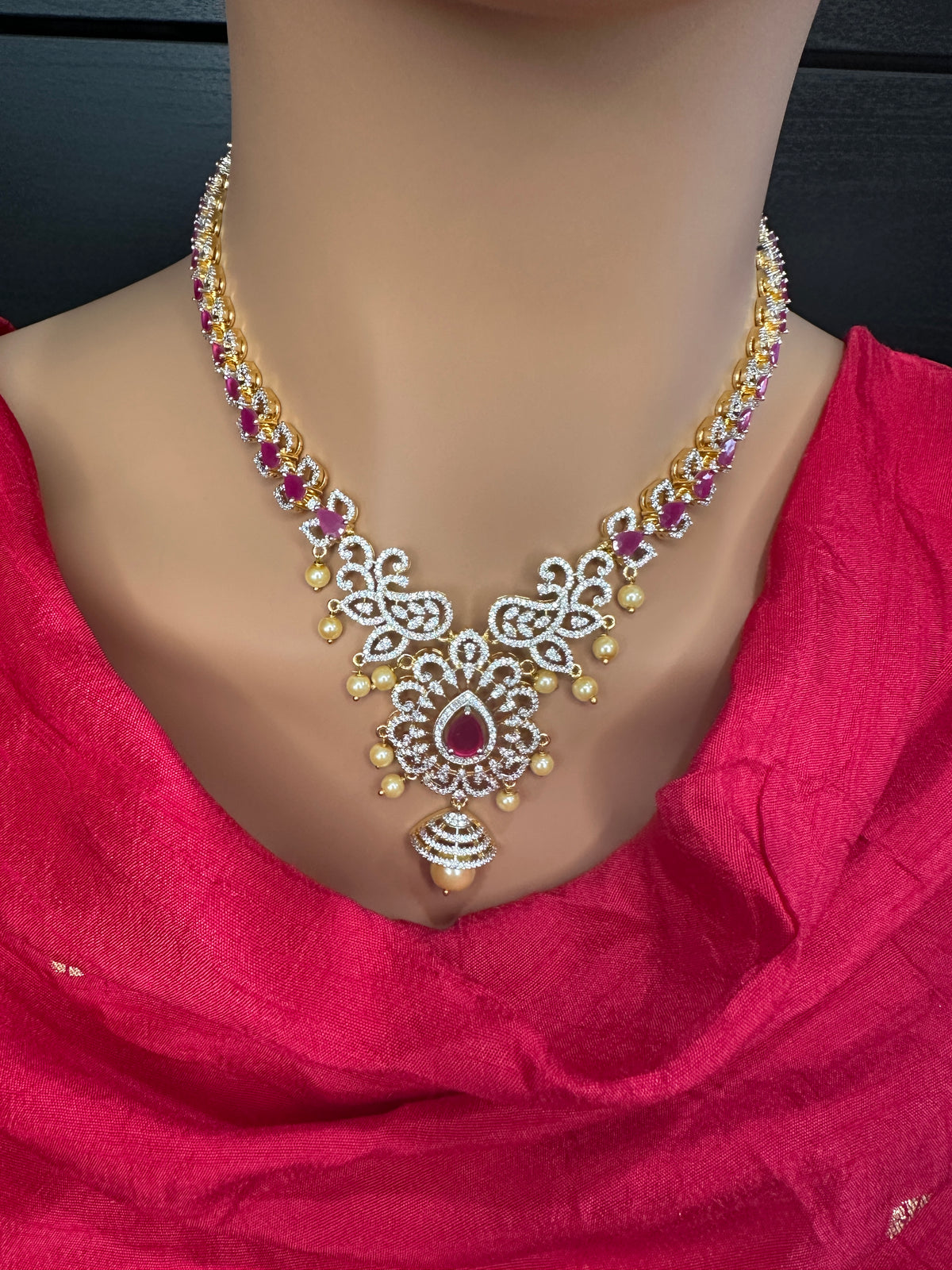 AD Color Stones Short Necklace with Swarovski Pearls - Red