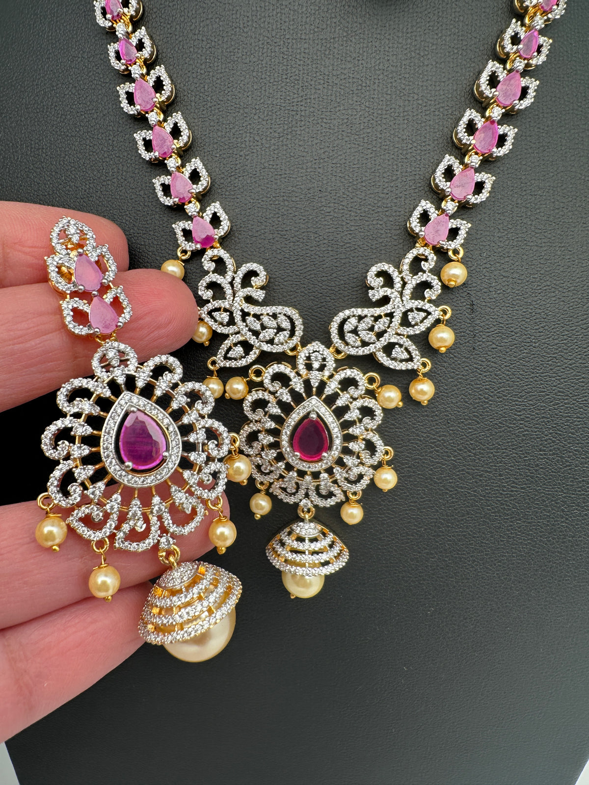 AD Color Stones Short Necklace with Swarovski Pearls - Red