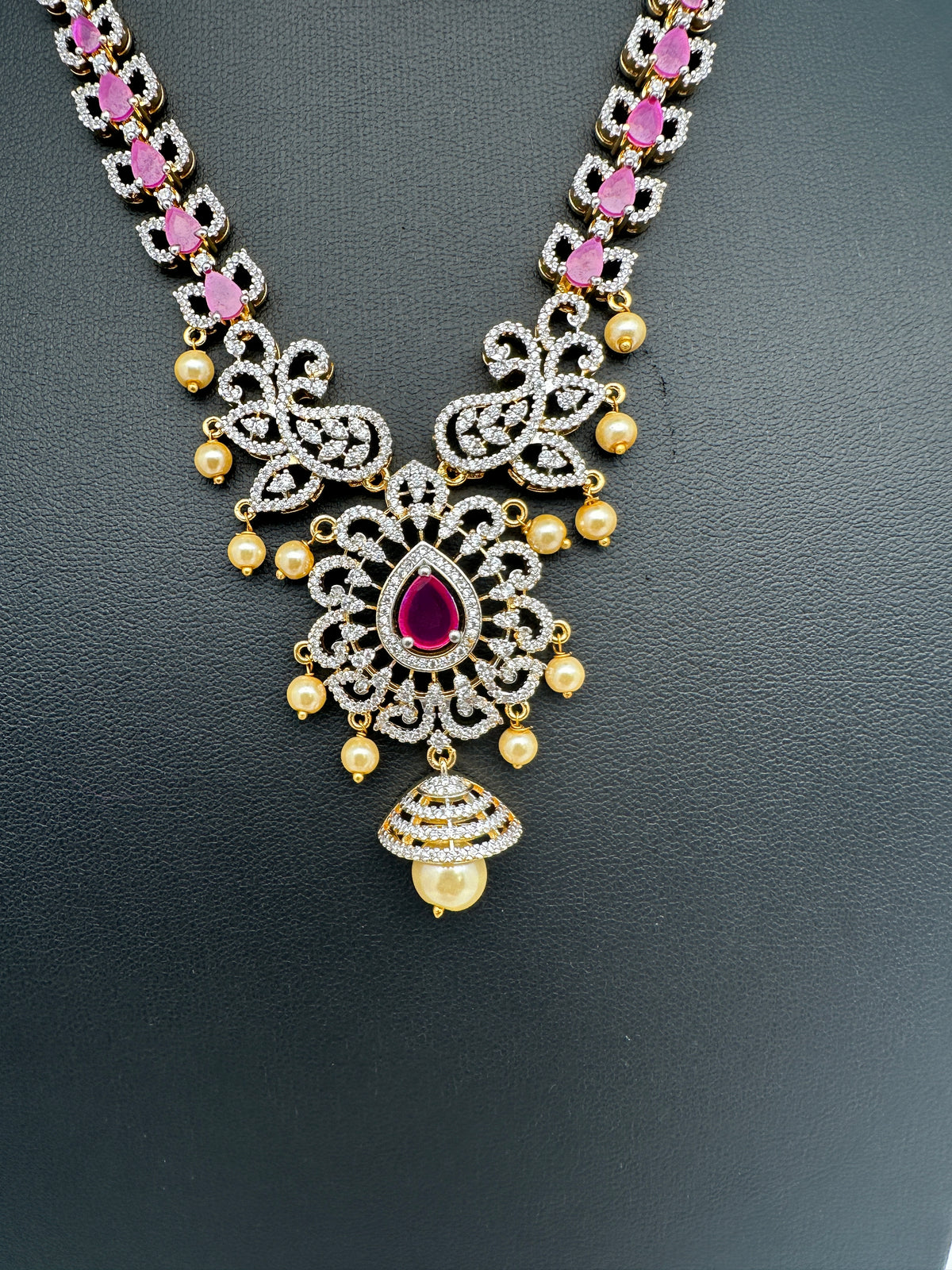 AD Color Stones Short Necklace with Swarovski Pearls - Red