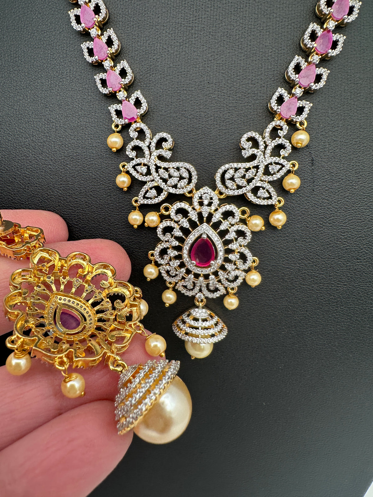 AD Color Stones Short Necklace with Swarovski Pearls - Red