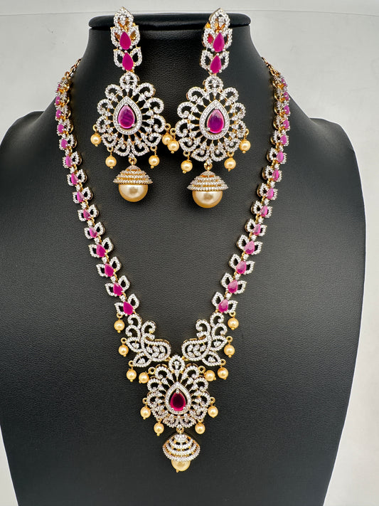 AD Color Stones Short Necklace with Swarovski Pearls - Red