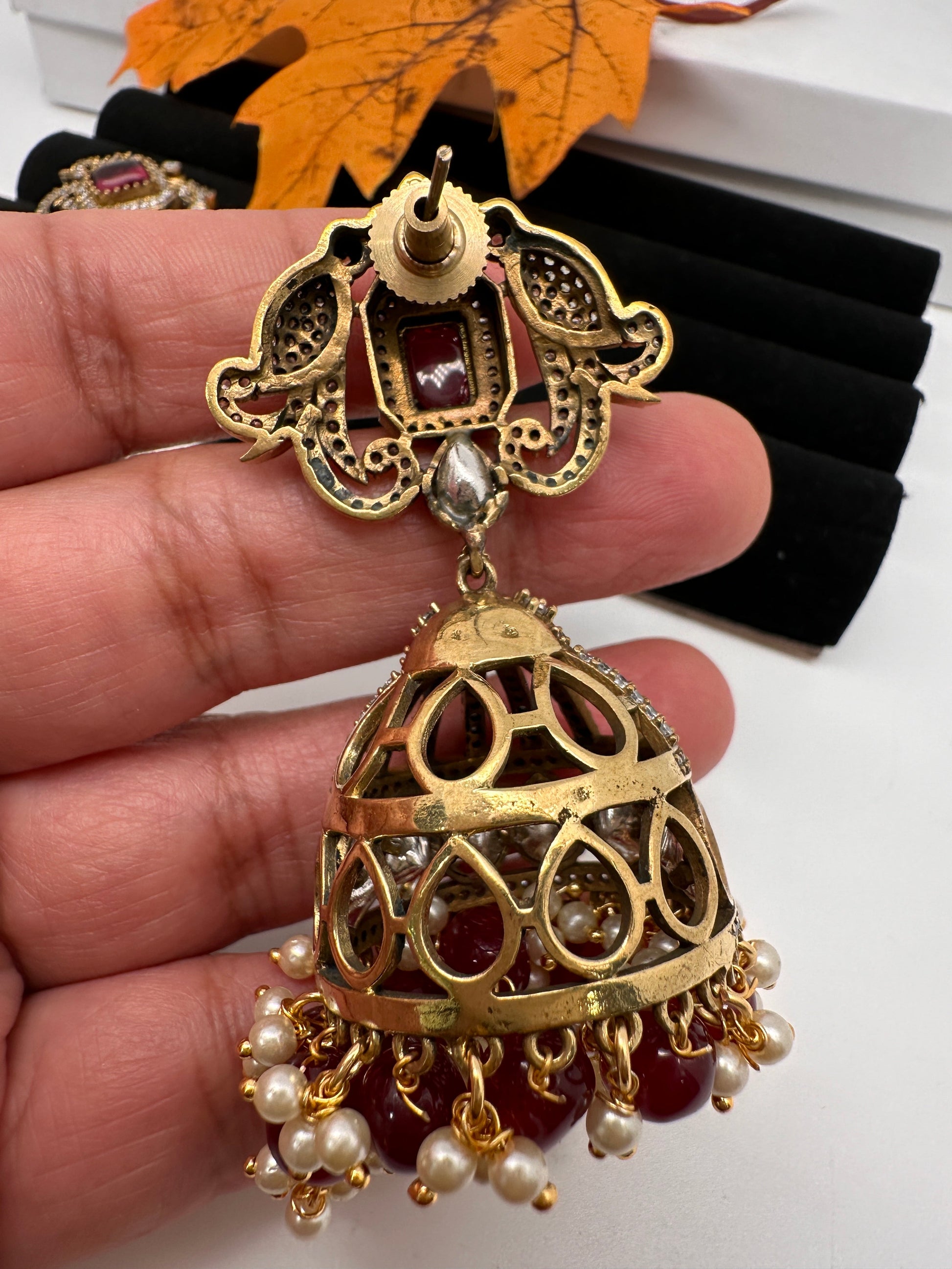 AD Kundan Color Stone Jhumki Earings - Red