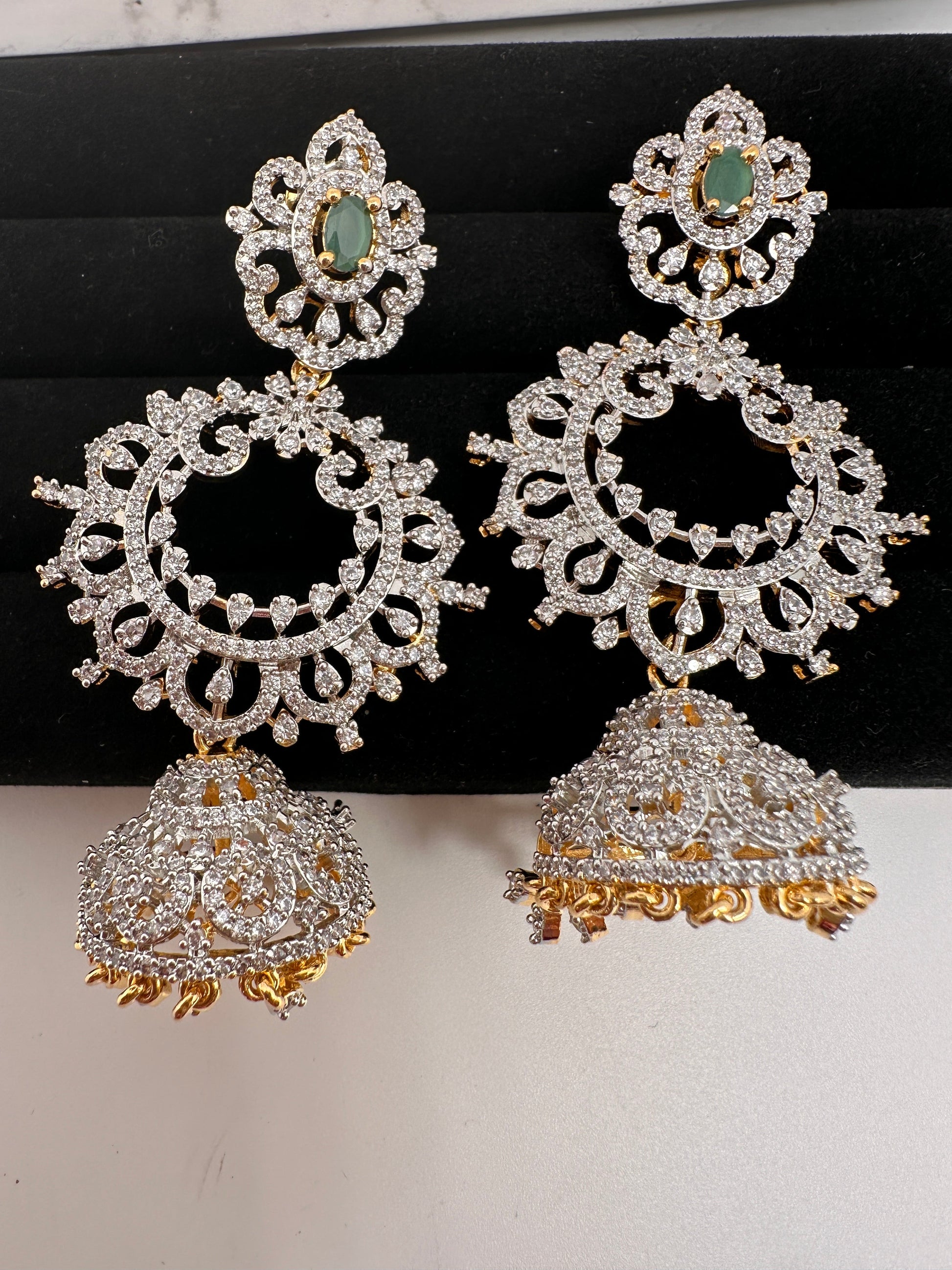 Diamond Finish Color Stone Jhumka Earings - Green