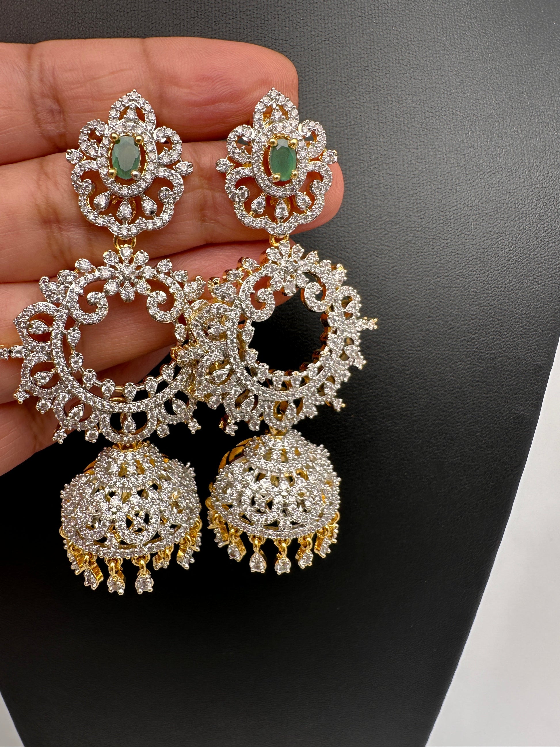 Diamond Finish Color Stone Jhumka Earings - Green