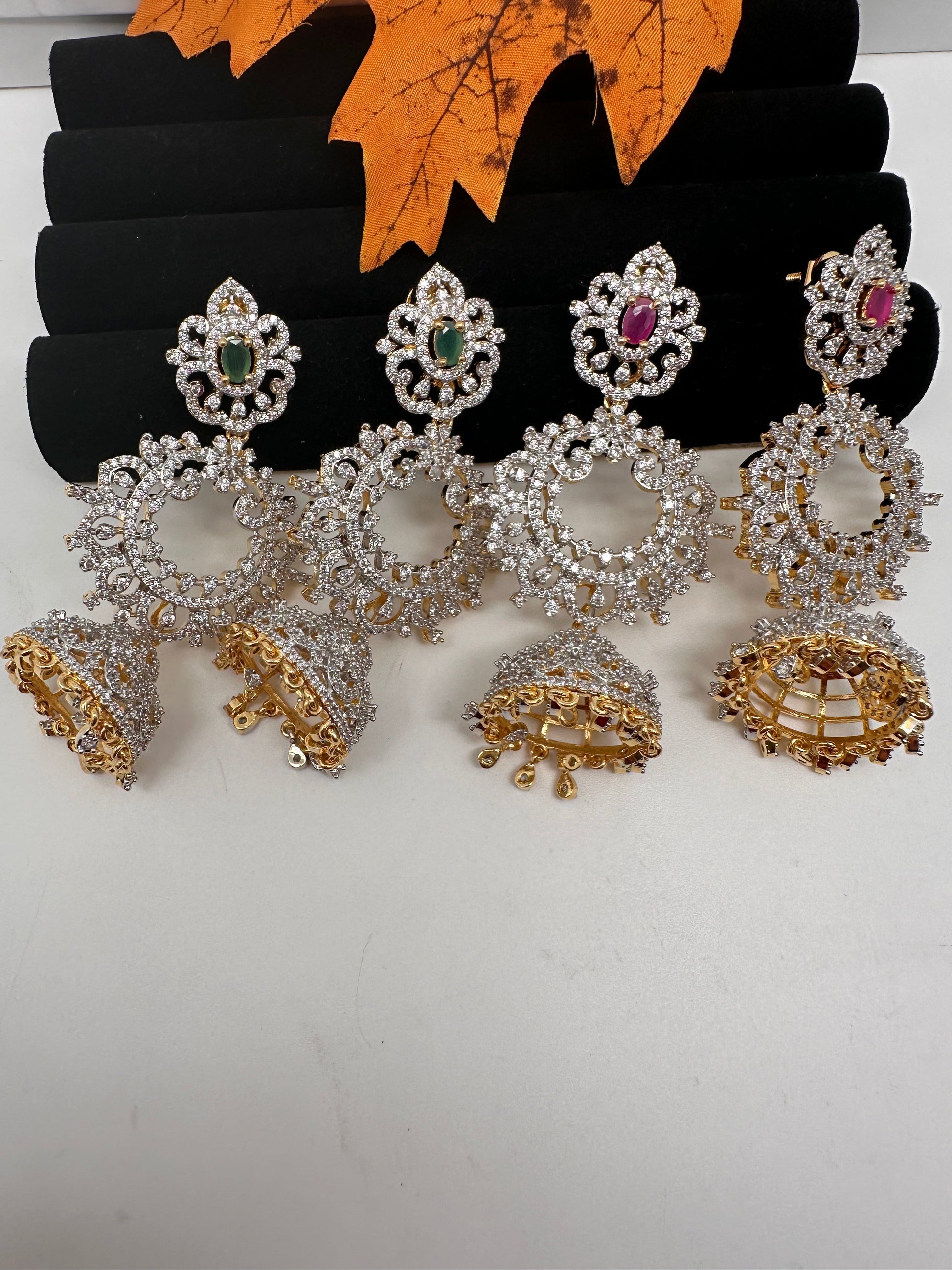 Diamond Finish Color Stone Jhumka Earings - Green