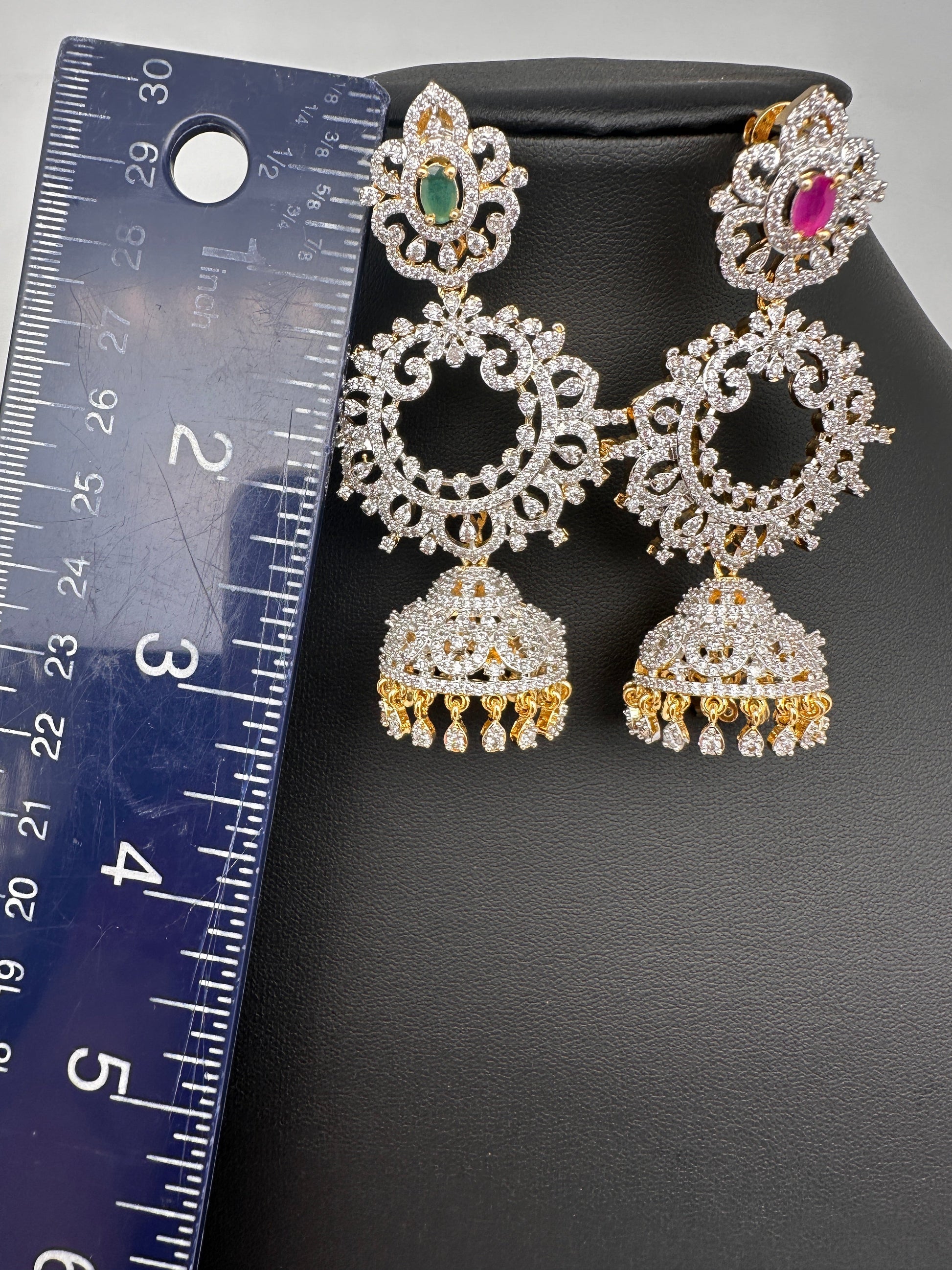 Diamond Finish Color Stone Jhumka Earings - Red
