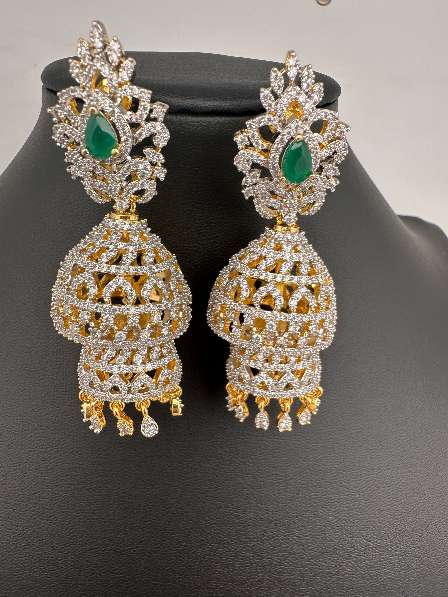 CZ Double Jhumka Green Emerald Earings