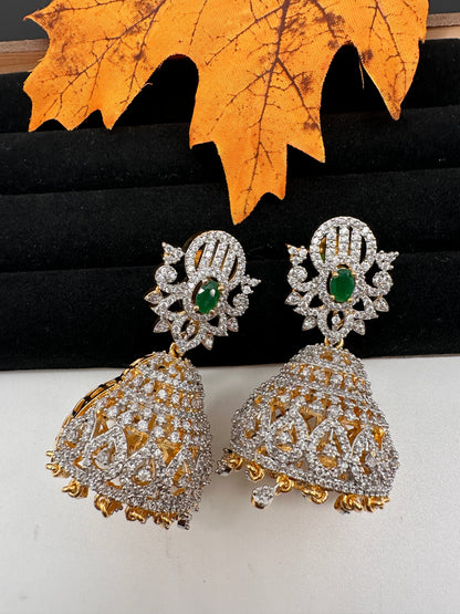 AD Jhumki Color Stone Earings - Green