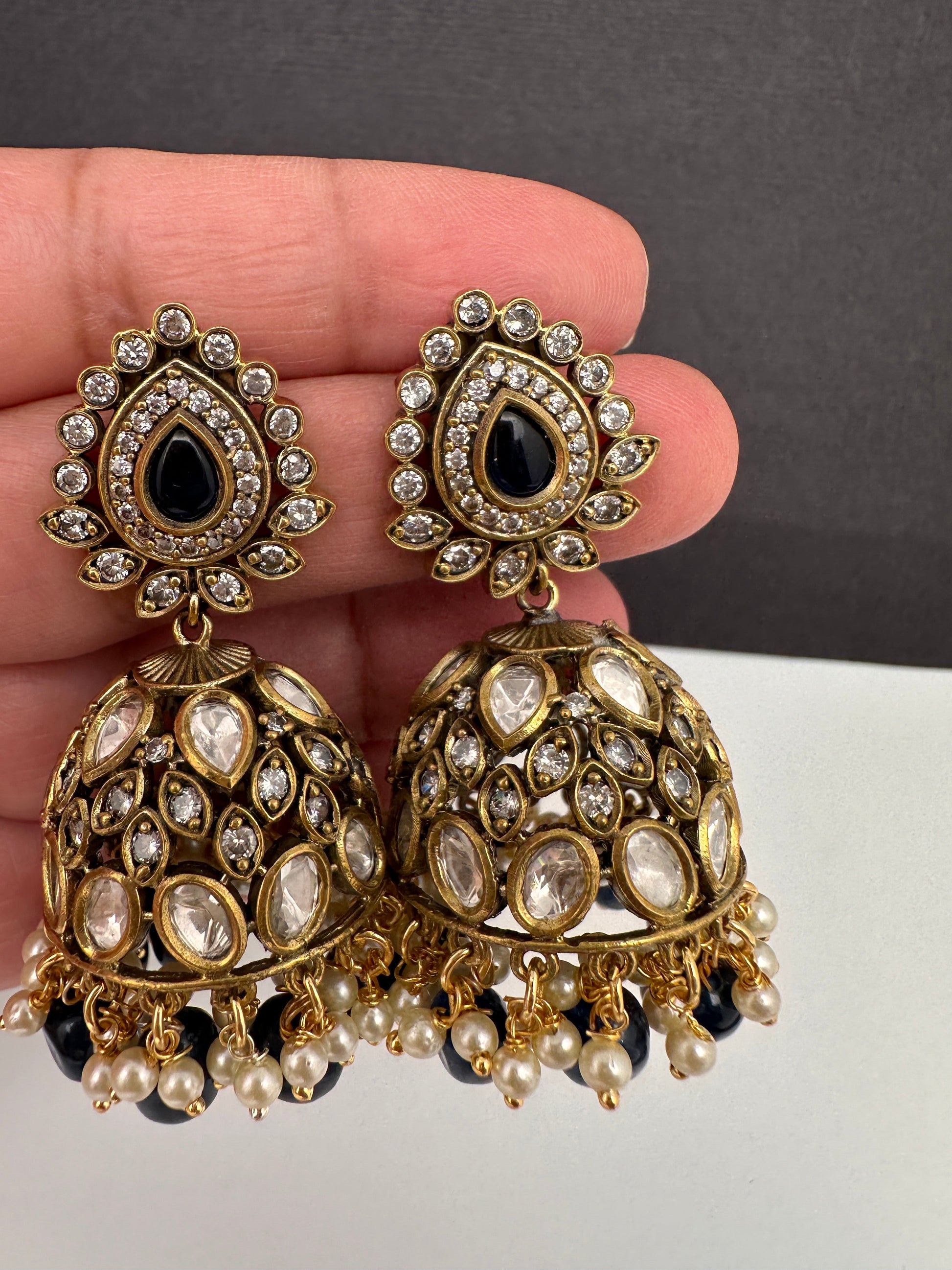 AD Color Stone Kundan Jhumki Earings - Blue