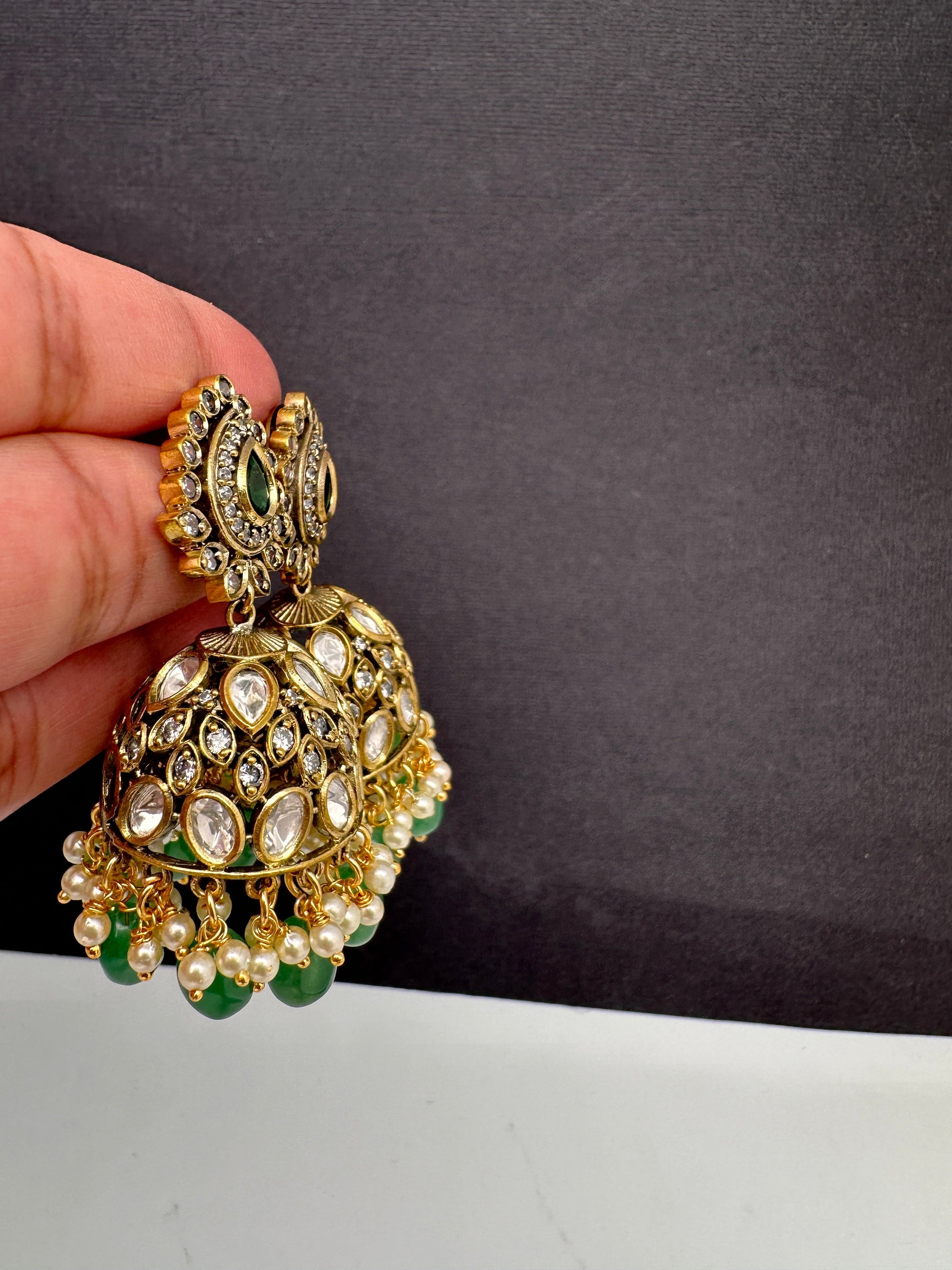 AD Color Stone Kundan Jhumki Earings - Green