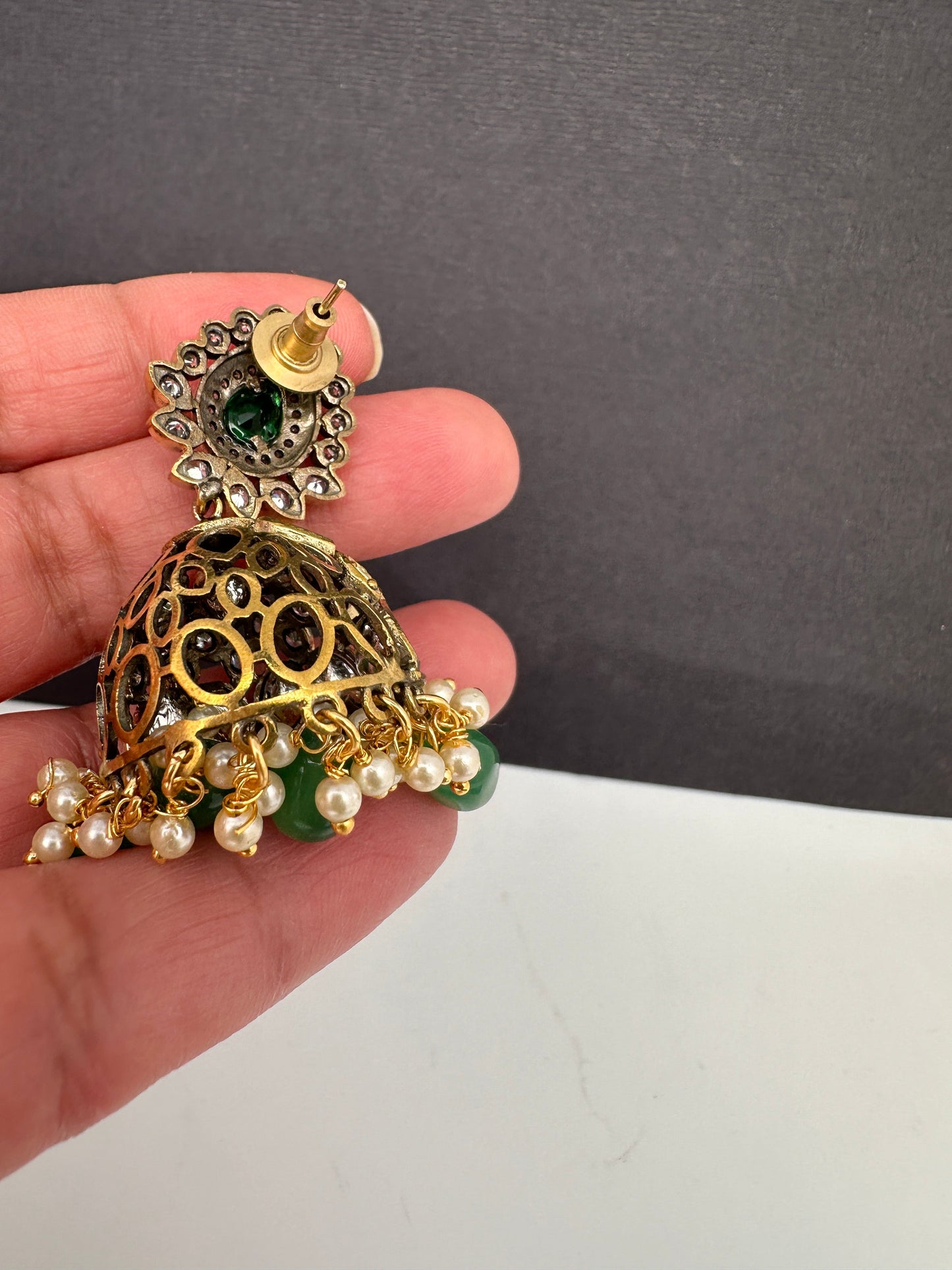 AD Color Stone Kundan Jhumki Earings - Green