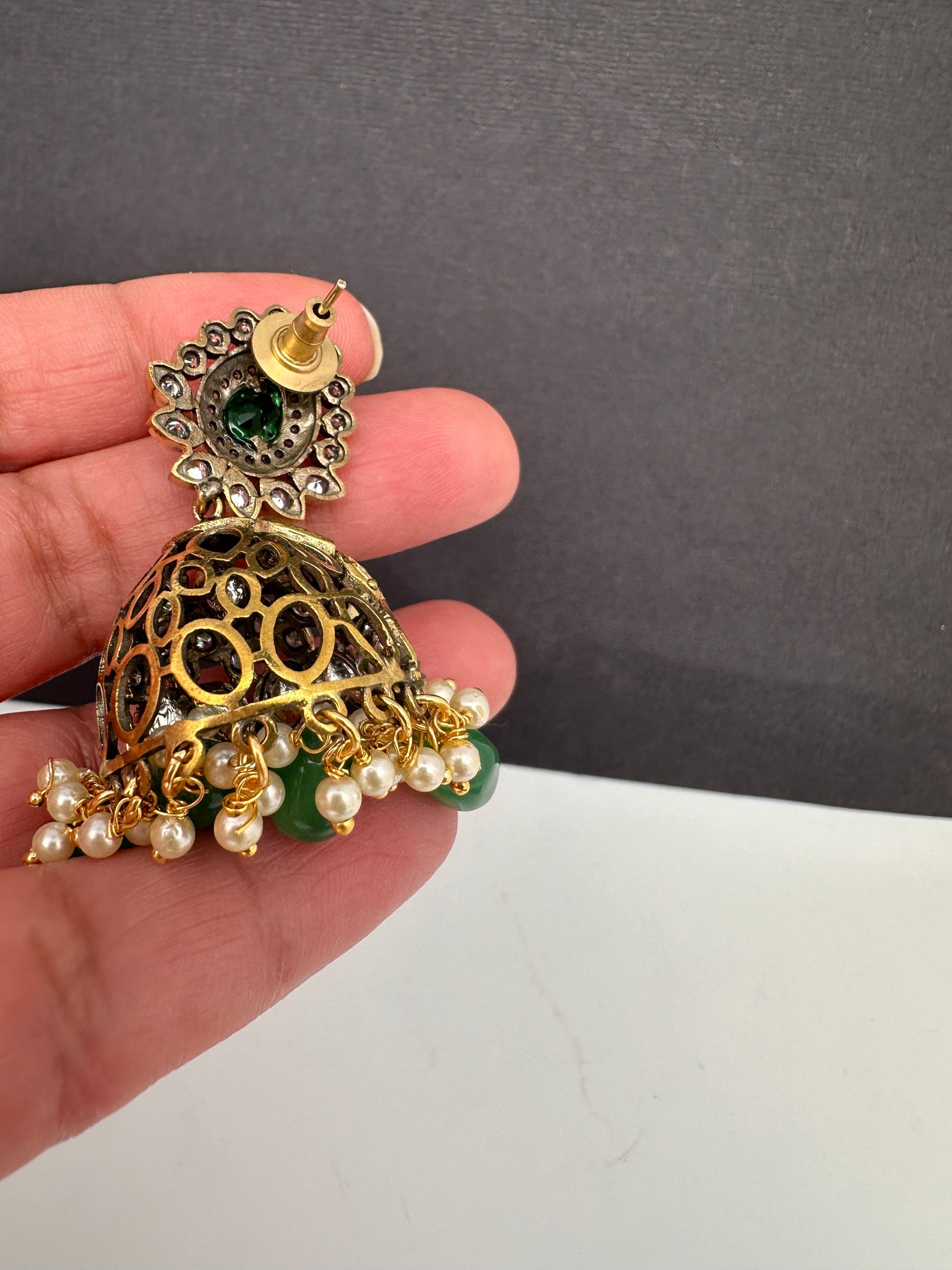 AD Color Stone Kundan Jhumki Earings - Green