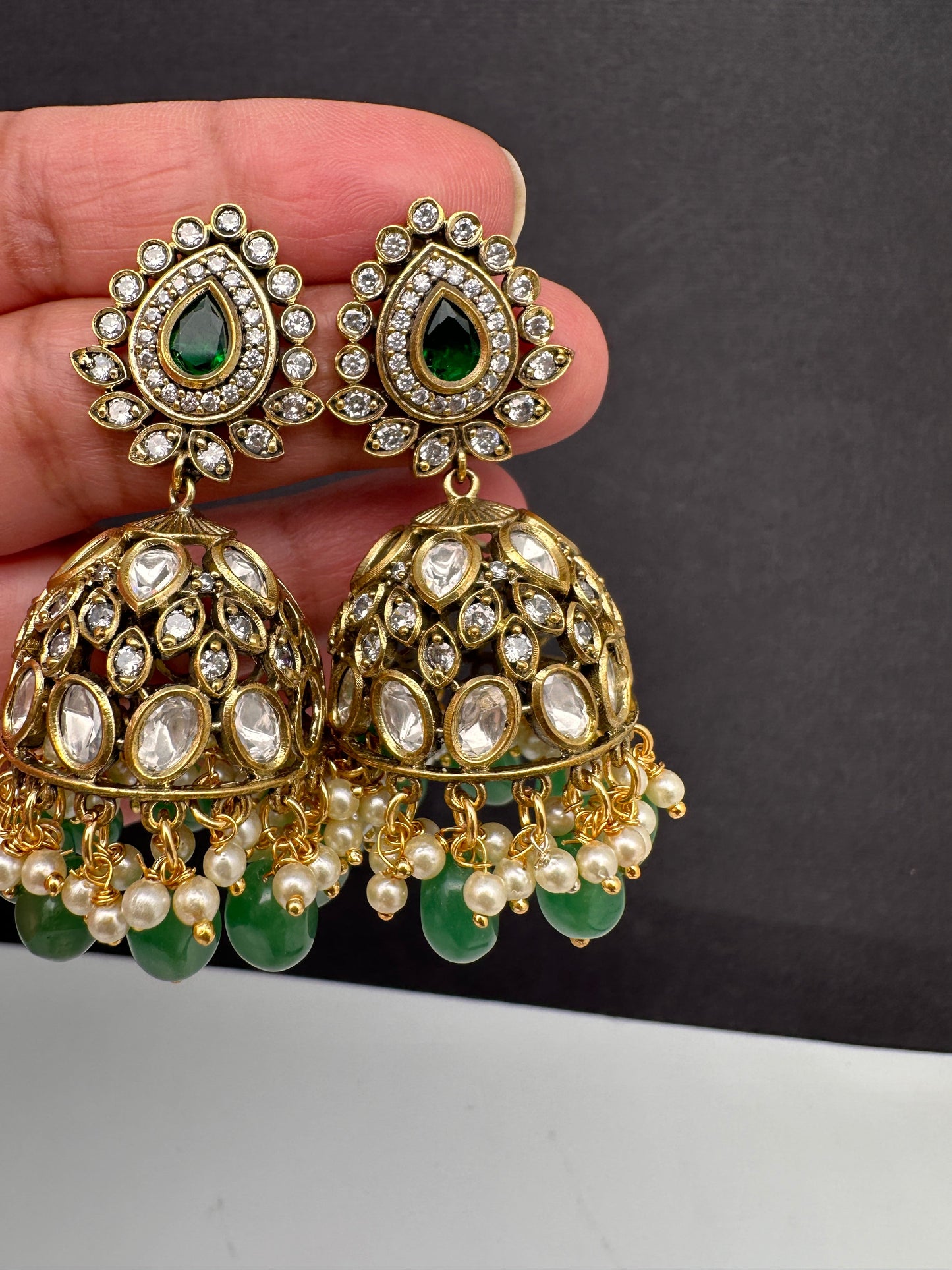 AD Color Stone Kundan Jhumki Earings - Green
