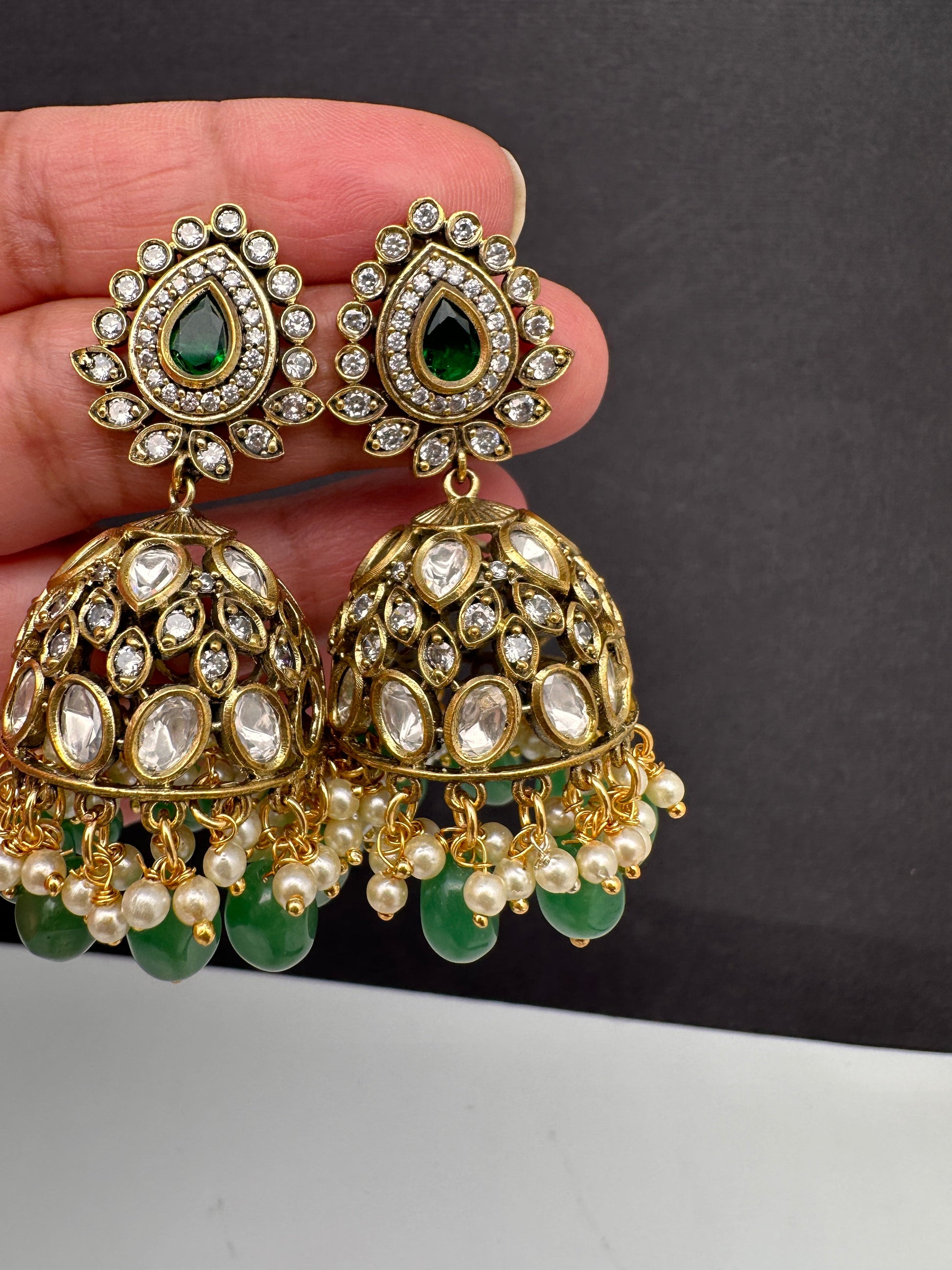 AD Color Stone Kundan Jhumki Earings - Green
