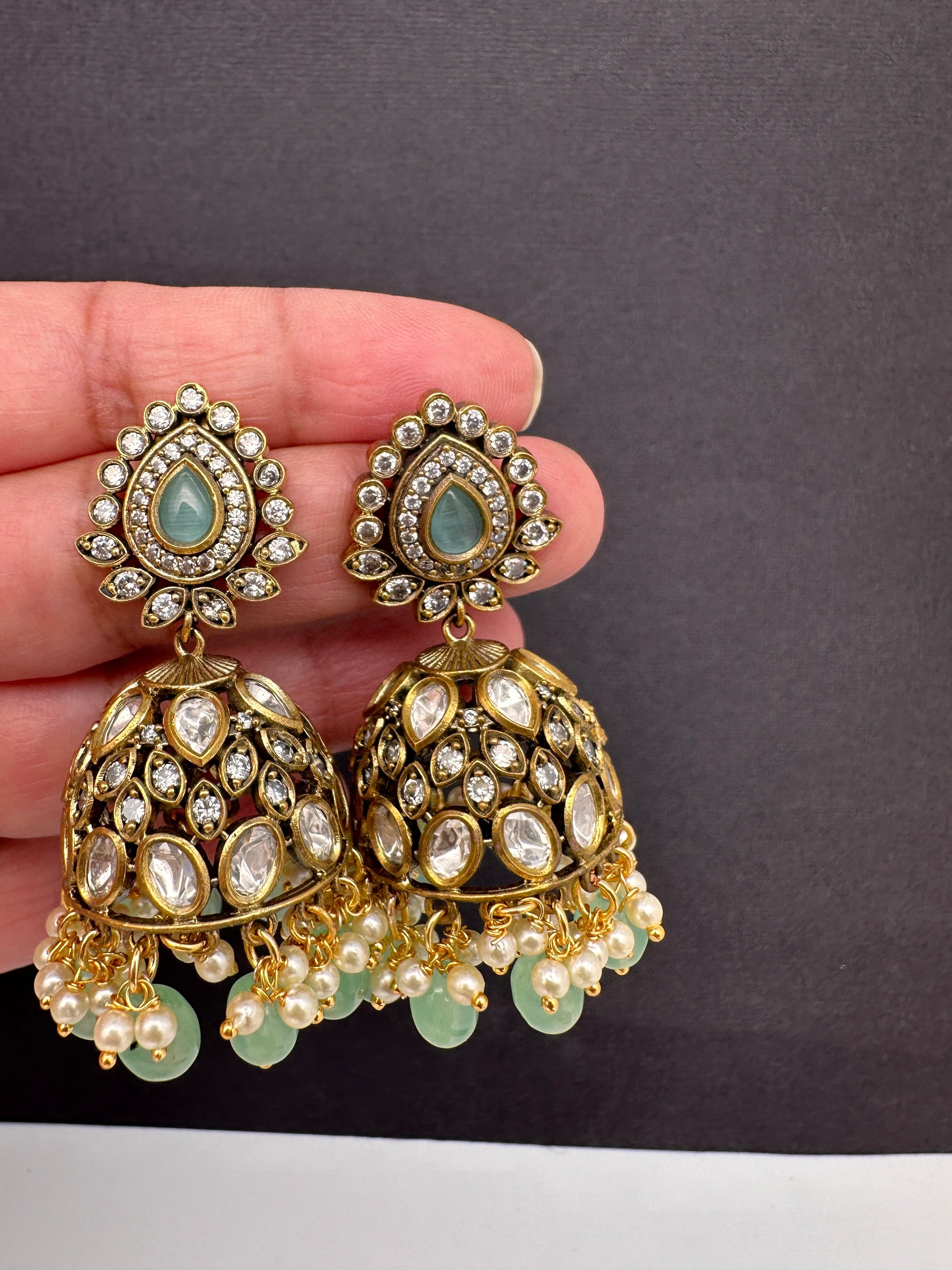 AD Color Stone Kundan Jhumki Earings - LightGreen