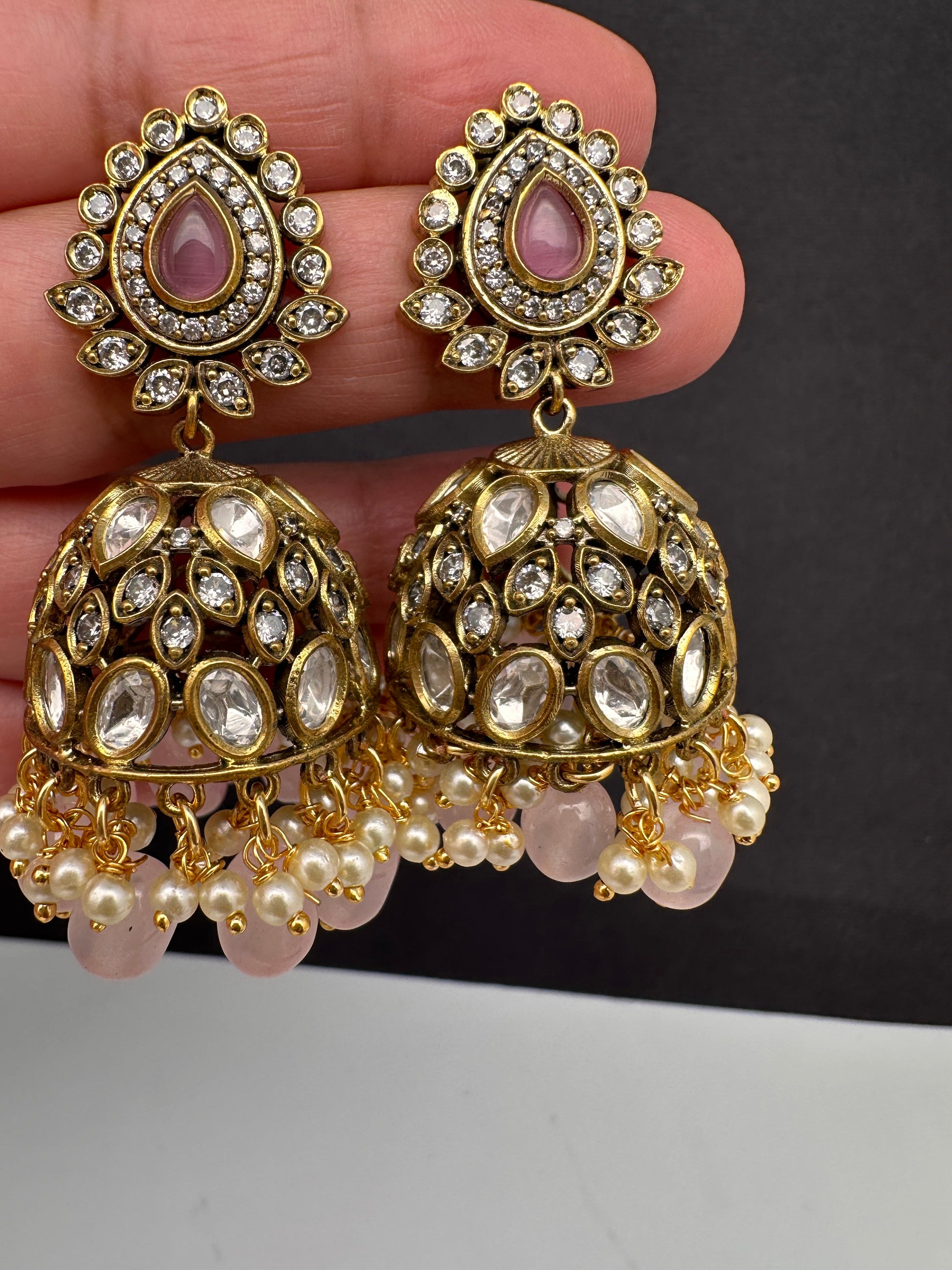 AD Color Stone Kundan Jhumki Earings - Pink