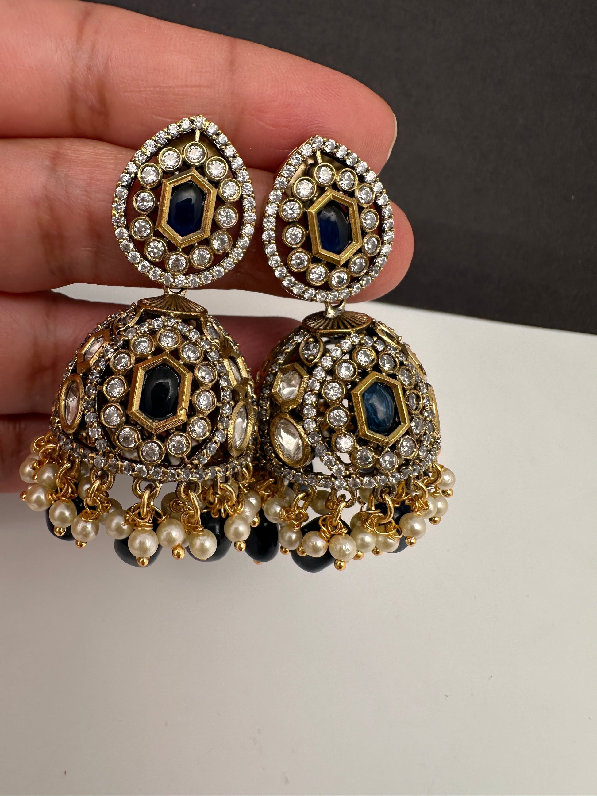 AD Color Stone Kundan Jhumki Earings - Blue