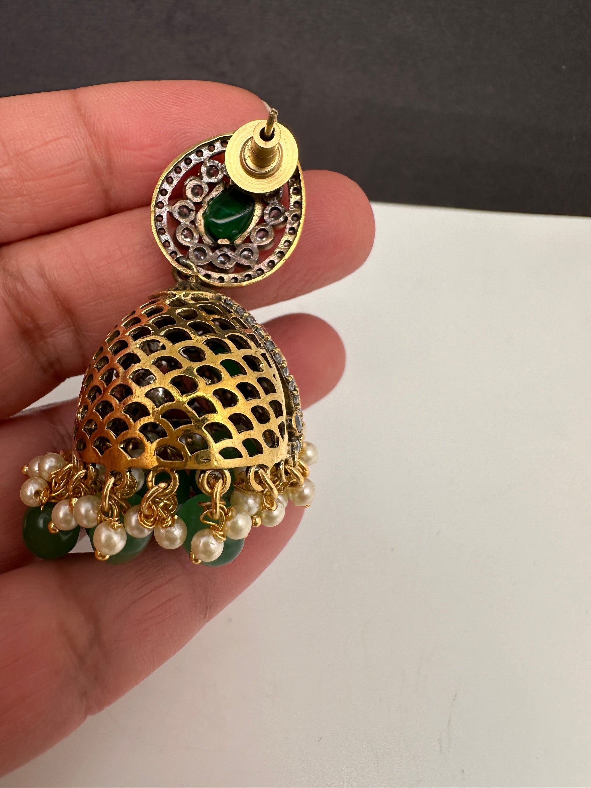 AD Color Stone Kundan Jhumki Earings - Green