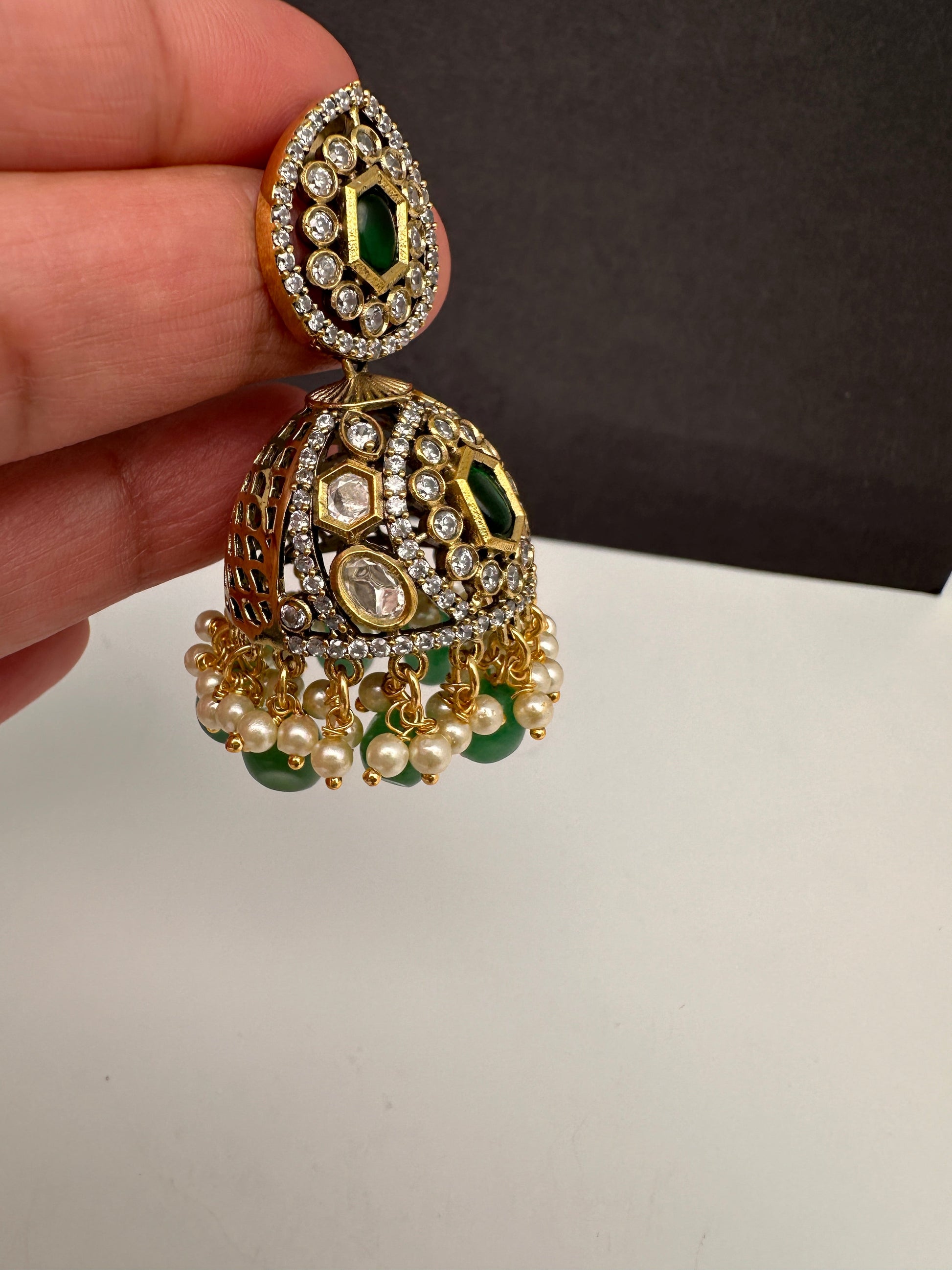 AD Color Stone Kundan Jhumki Earings - Green